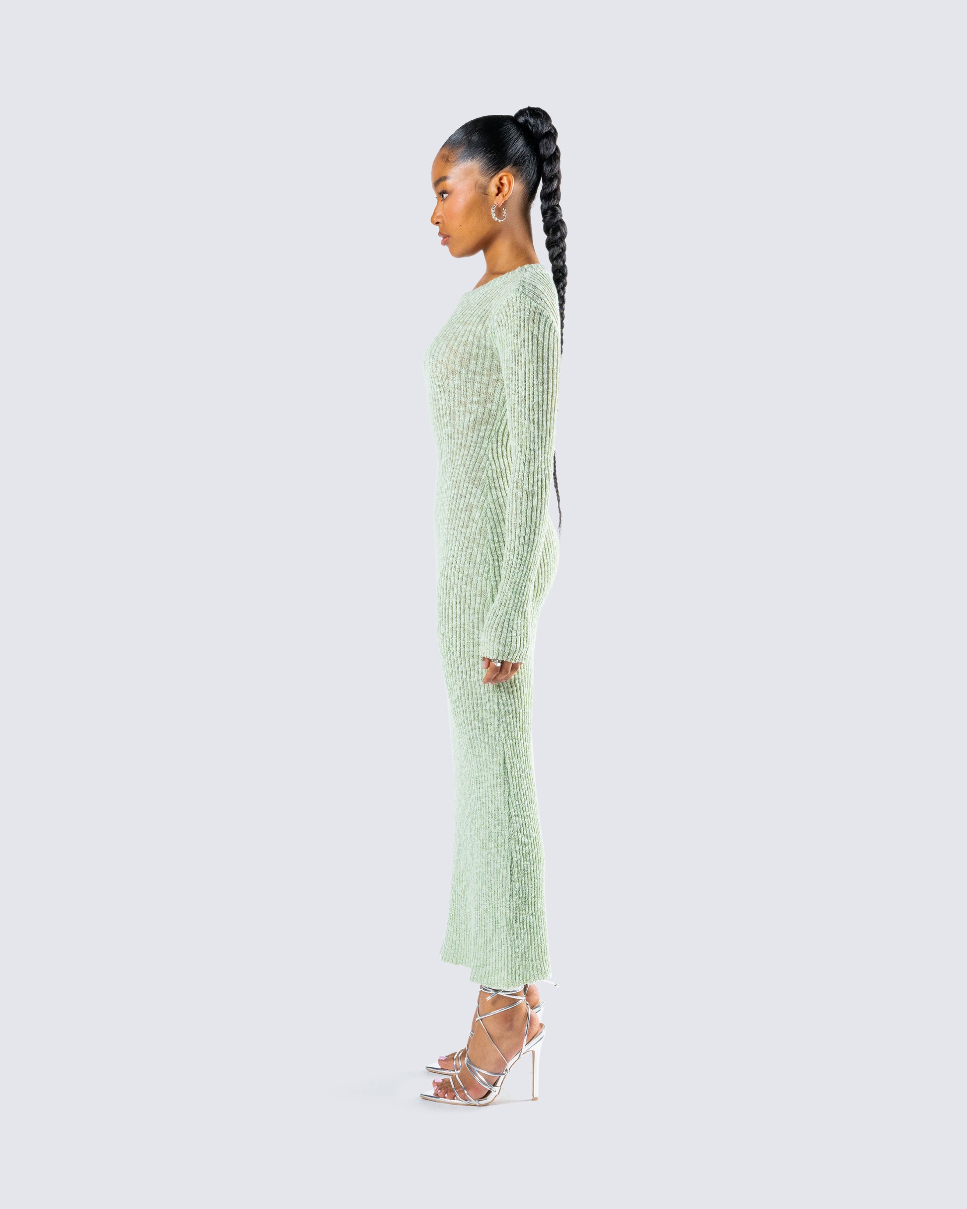 Green Ribbed Midi Dress - Long Sleeve Bodycon Knit FINESSE Green Ribbed Midi Dress - Long Sleeve Bodycon Knit FINESSE