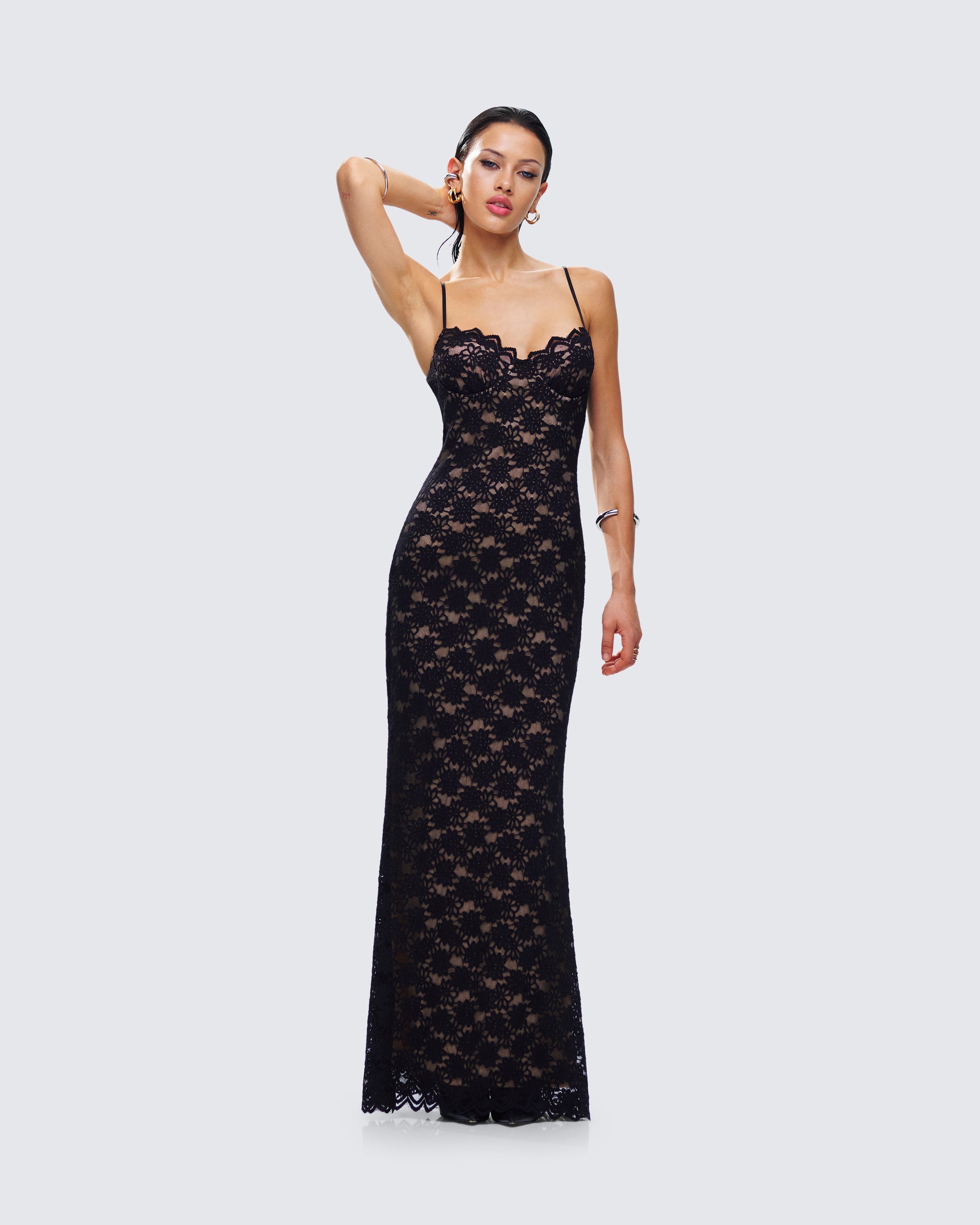Black Lace Maxi Dress - Sheer Bodycon Formal Gown FINESSE Black Lace Maxi Dress - Sheer Bodycon Formal Gown FINESSE