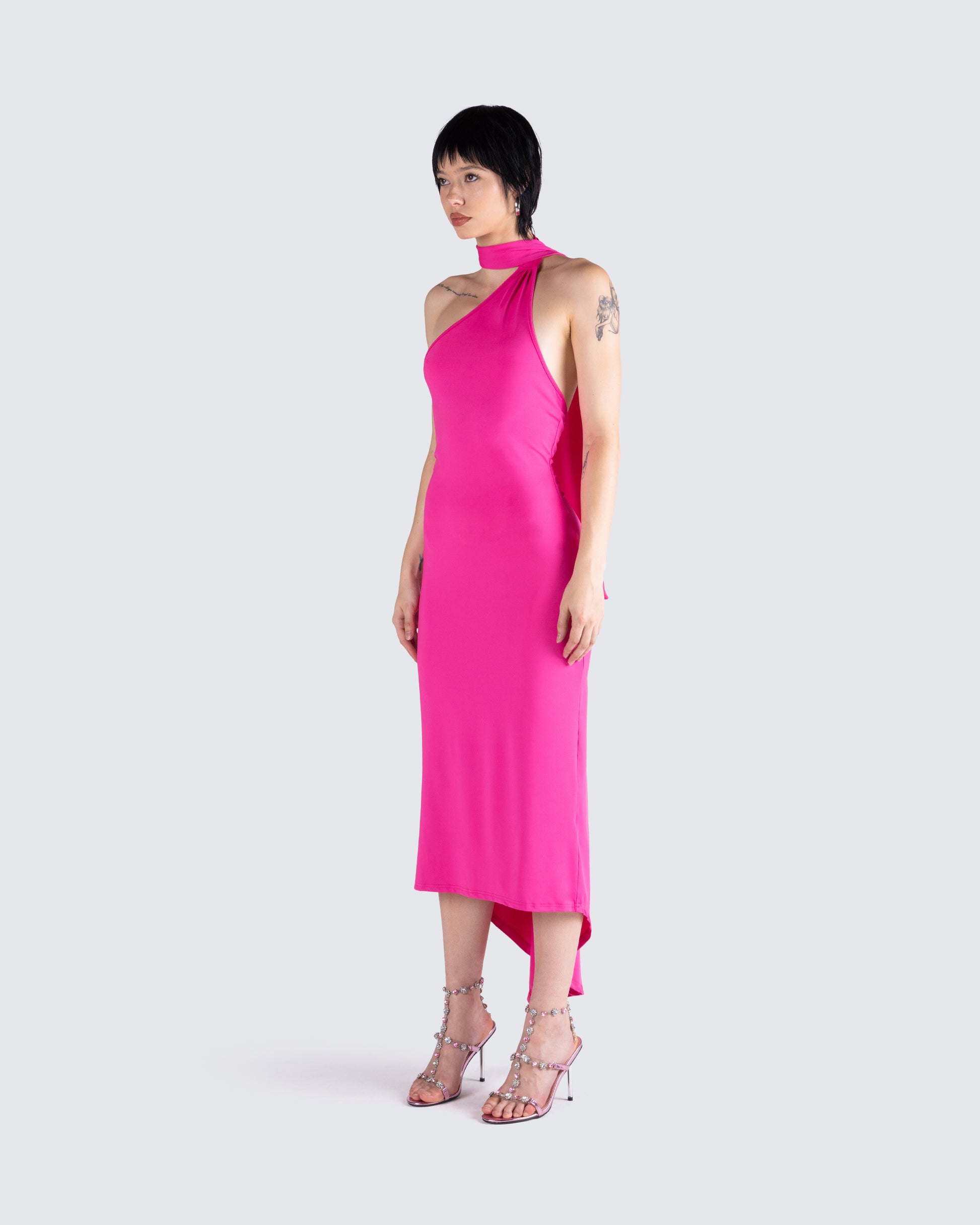 Hot Pink One Shoulder Maxi Dress - Asymmetric Hem FINESSE Hot Pink One Shoulder Maxi Dress - Asymmetric Hem FINESSE