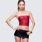 Women's red corset top styled on model – FINESSE