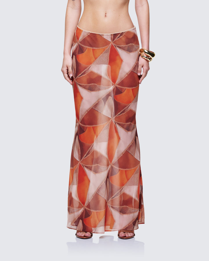 Noxie Brown Georgette Printed Maxi Skirt model front