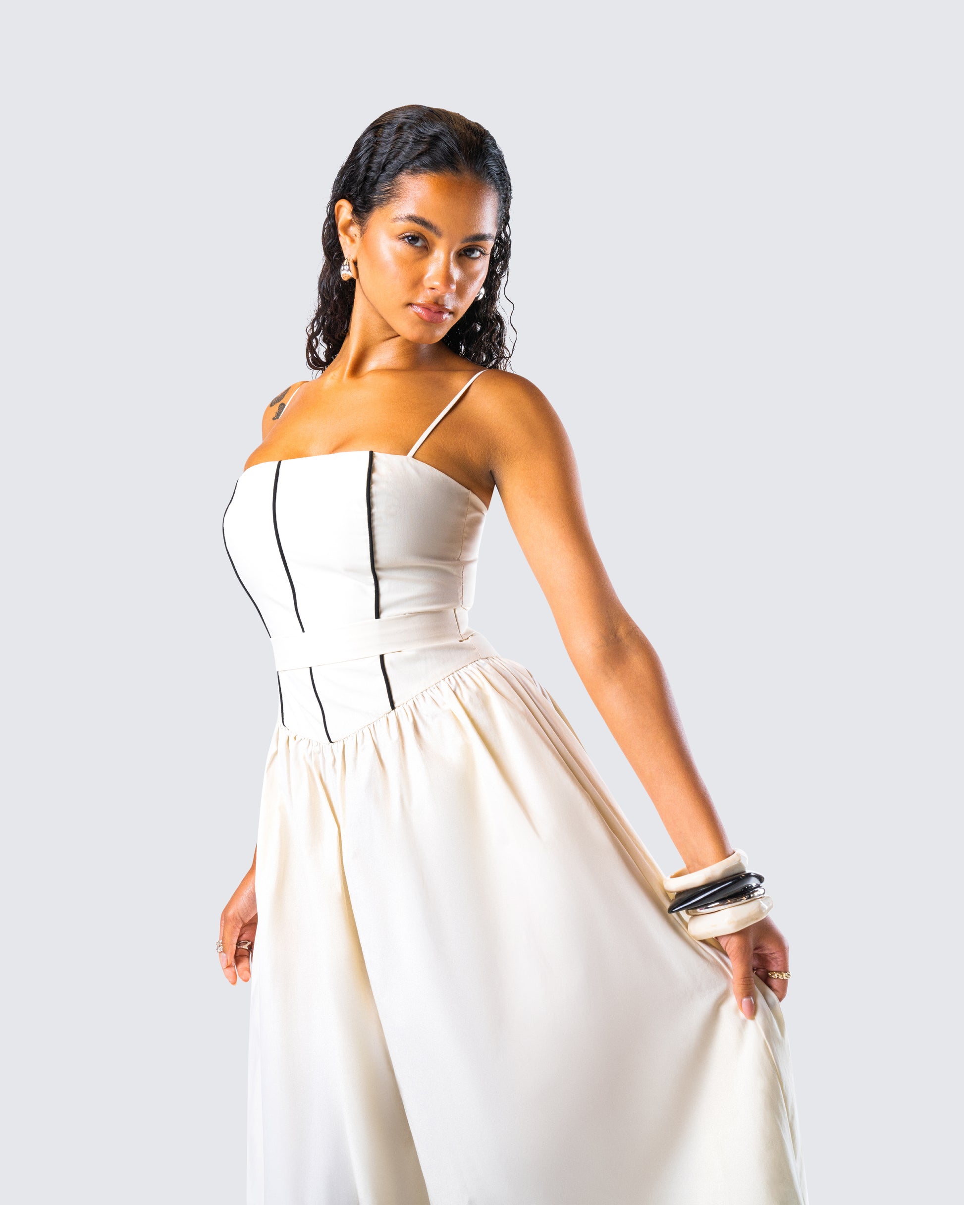 Ivory Maxi Dress - Cotton Corset Bodice Full Length FINESSE Ivory Maxi Dress - Cotton Corset Bodice Full Length FINESSE