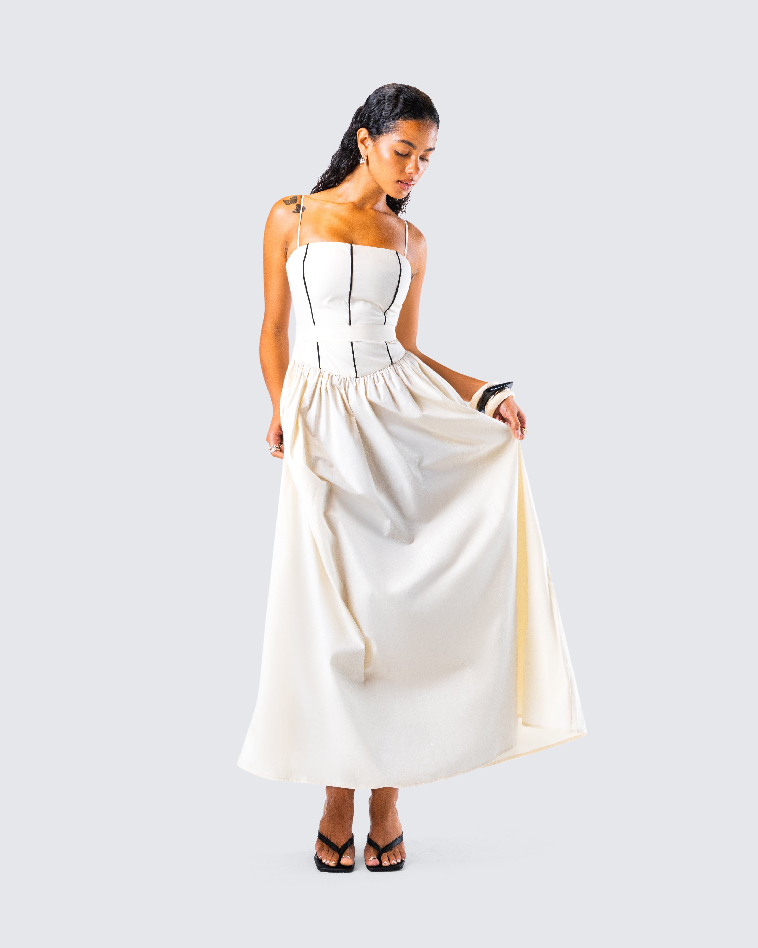 NBD high quality Tasha Maxi dress in ivory white and gold stripe medium