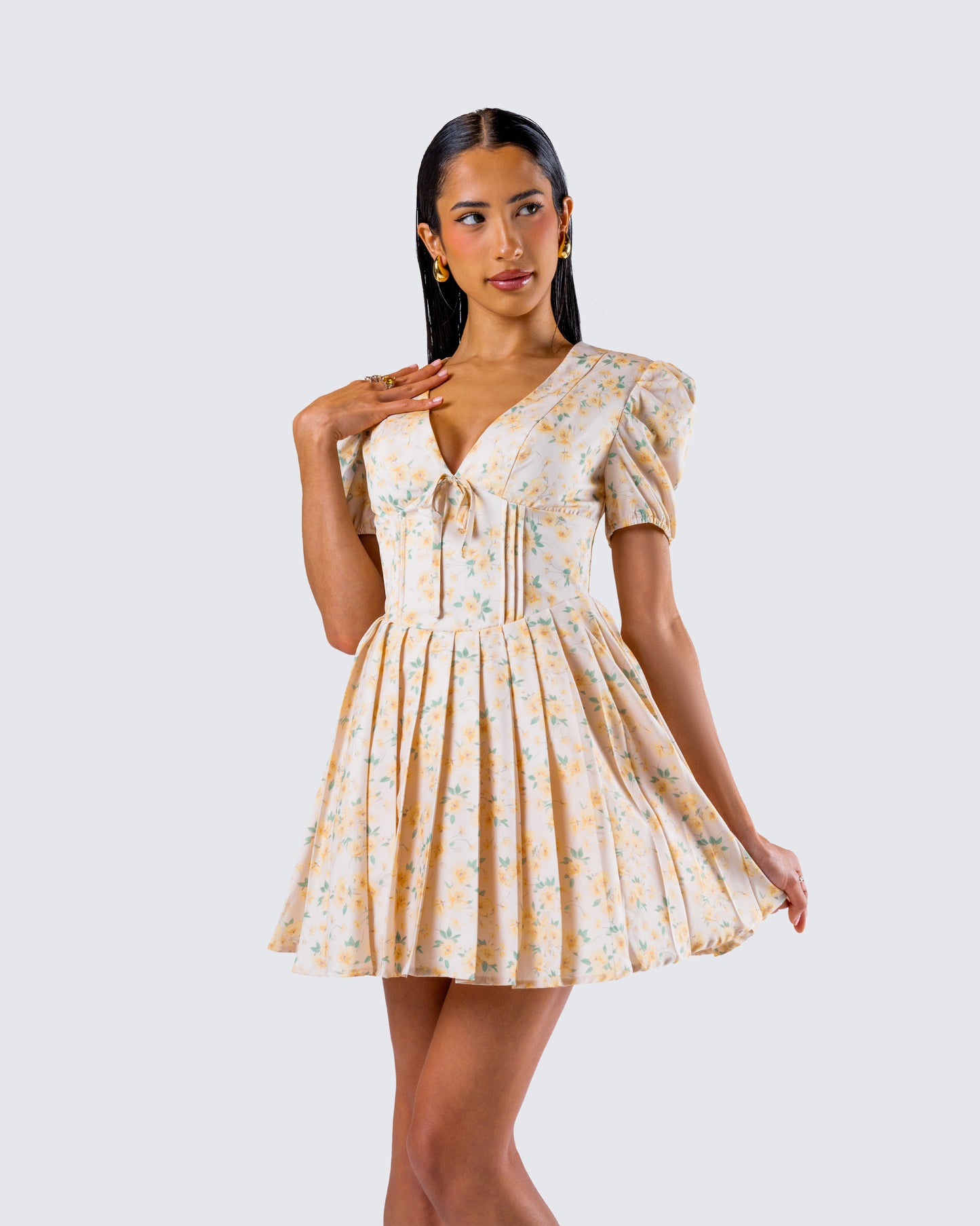 Nyla Yellow Floral Pleated Mini Dress