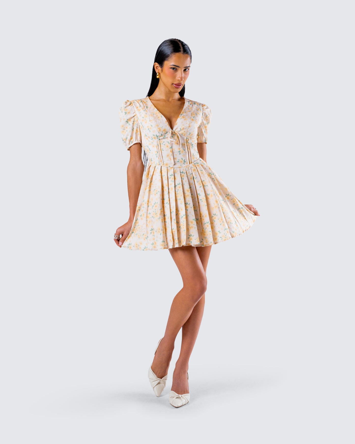 Nyla Yellow Floral Pleated Mini Dress