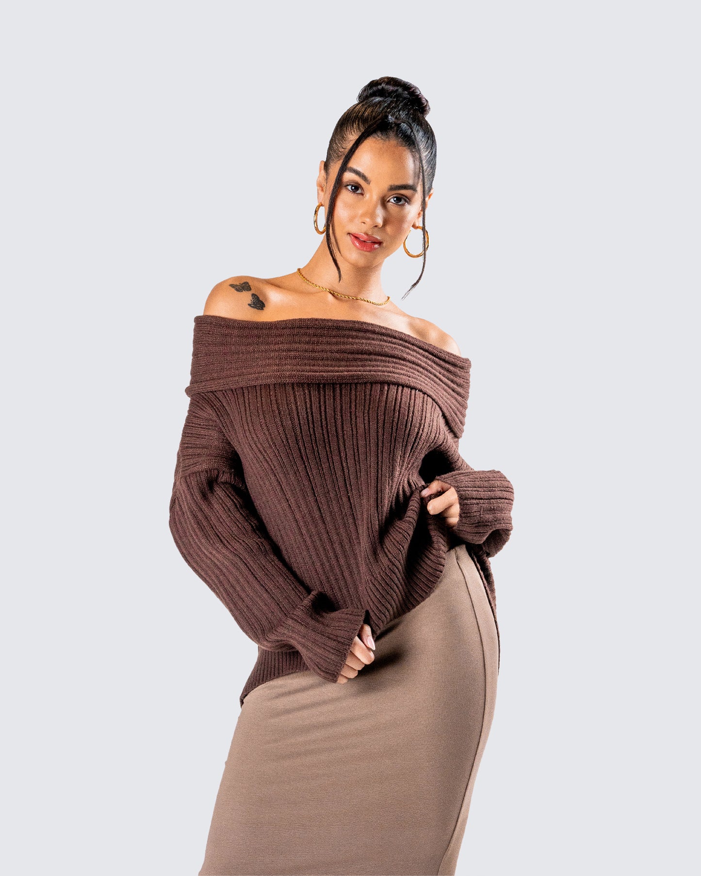 Nyx Brown Off Shoulder Sweater Top