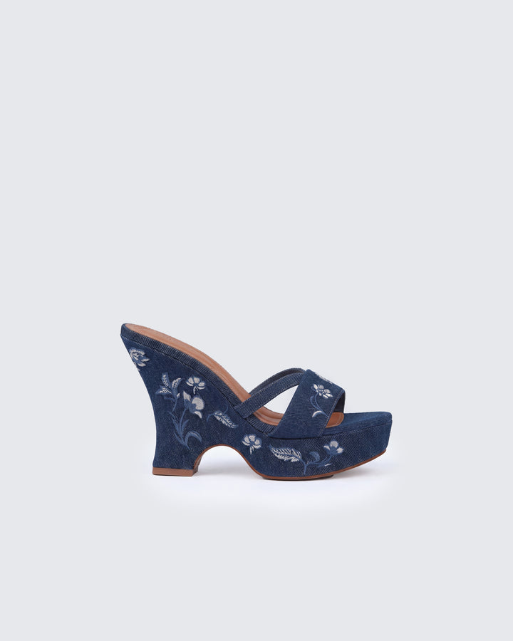 Nuha Denim Embroidered Wedge