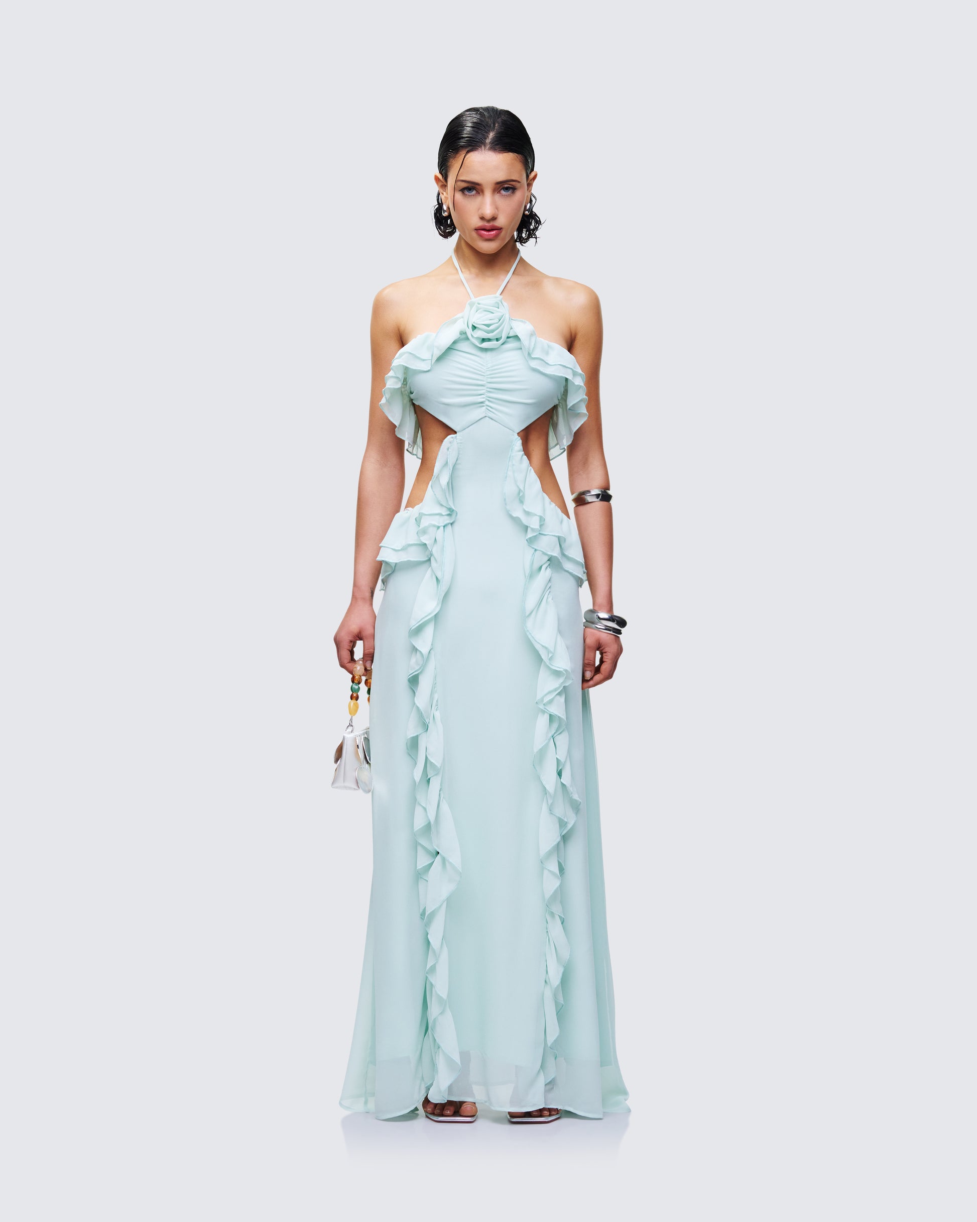 Blue Ruffle Tiered Maxi Dress - Chiffon Halter FINESSE Blue Ruffle Tiered Maxi Dress - Chiffon Halter FINESSE