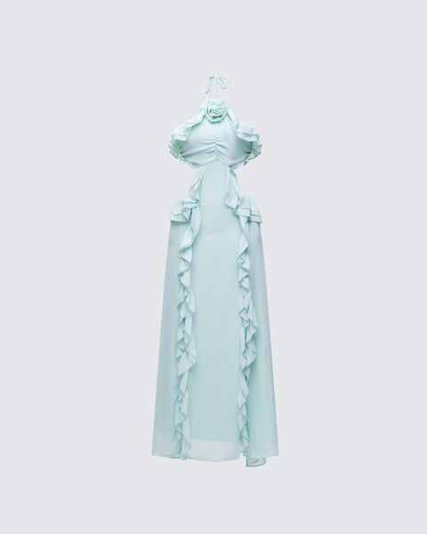 Blue Ruffle Tiered Maxi Dress - Chiffon Halter FINESSE Blue Ruffle Tiered Maxi Dress - Chiffon Halter FINESSE