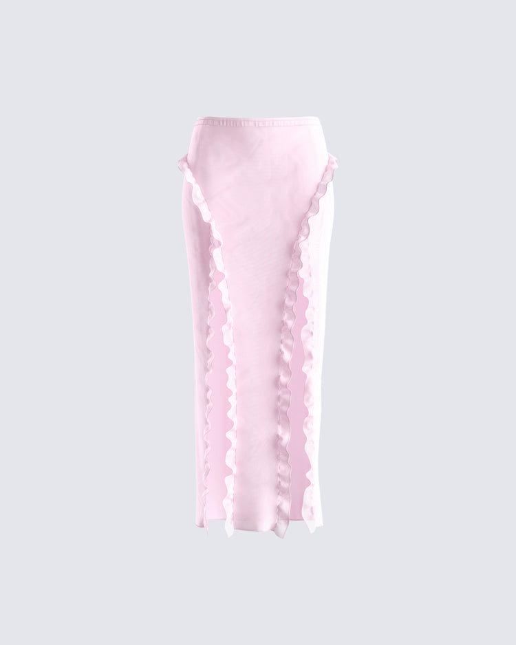 Omid Pink Ruffled Mesh Maxi Skirt