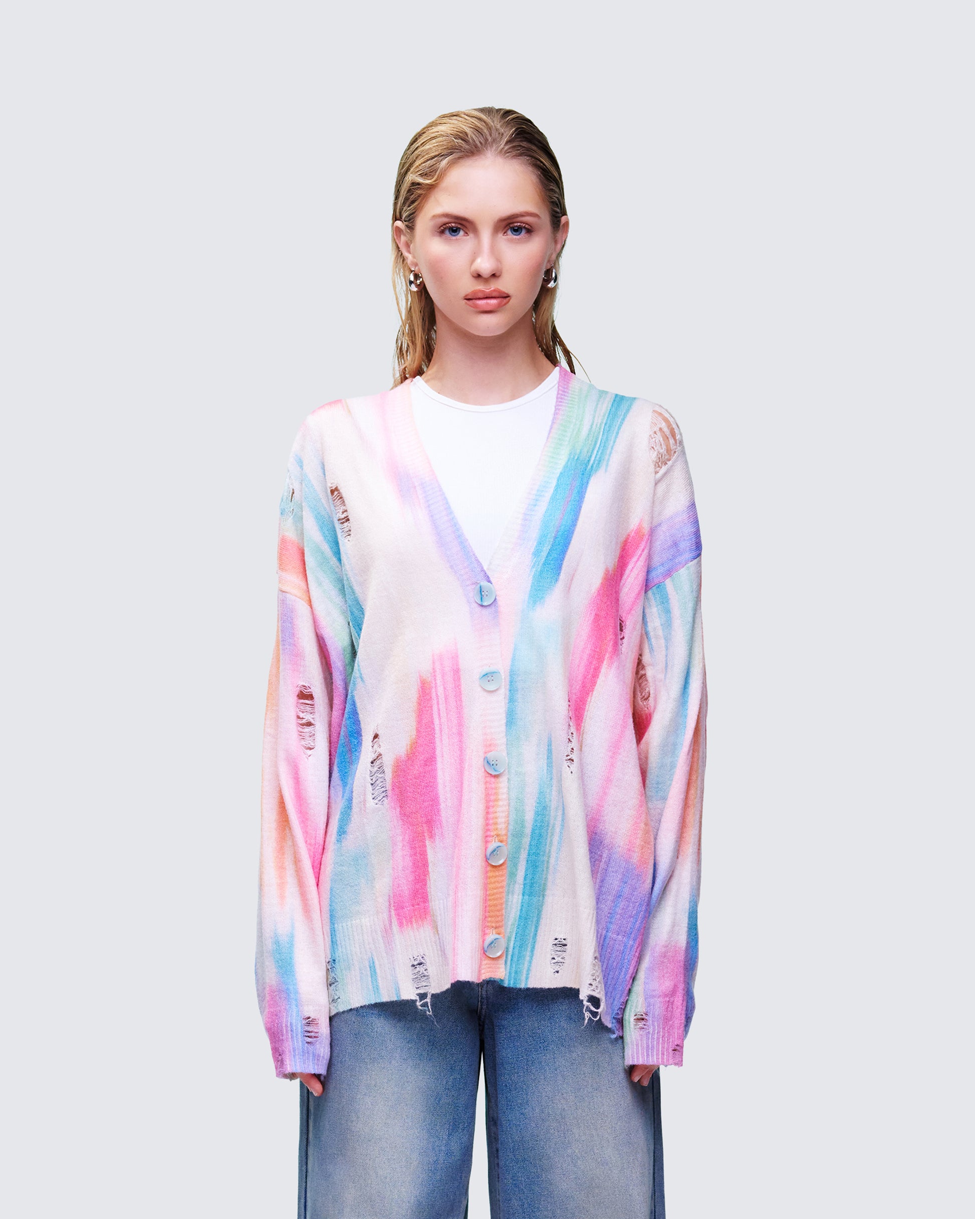 Omie Multi Print Distressed Cardigan model front