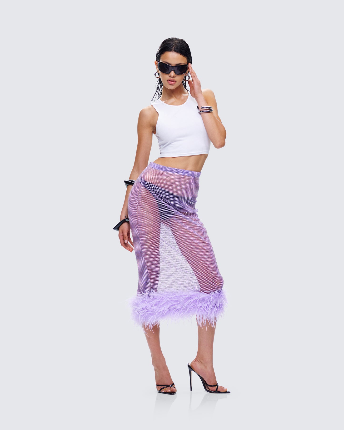 Ophira Lavender Rhinestone Feather Trim Skirt