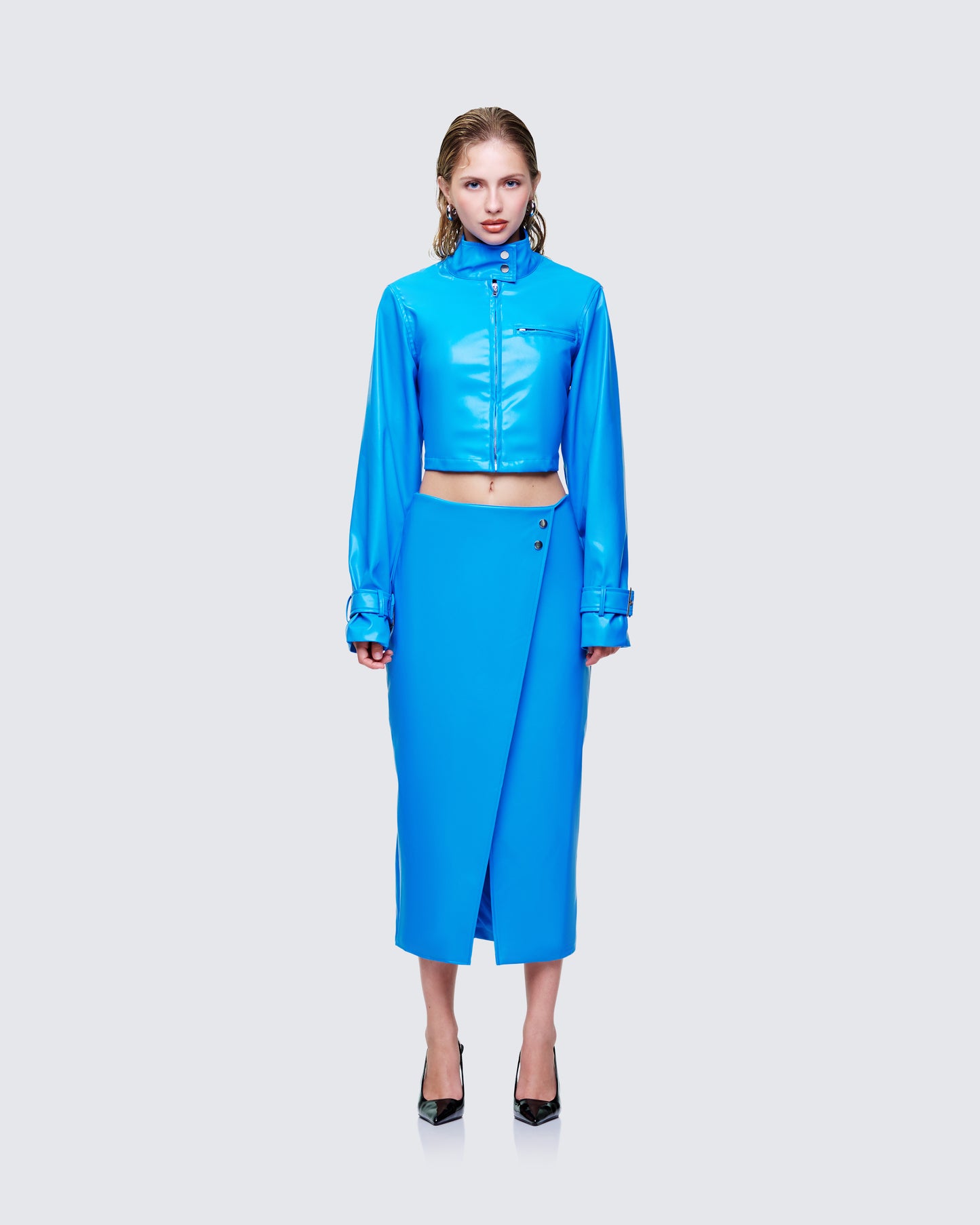 Women's blue matching set styled on model – FINESSE