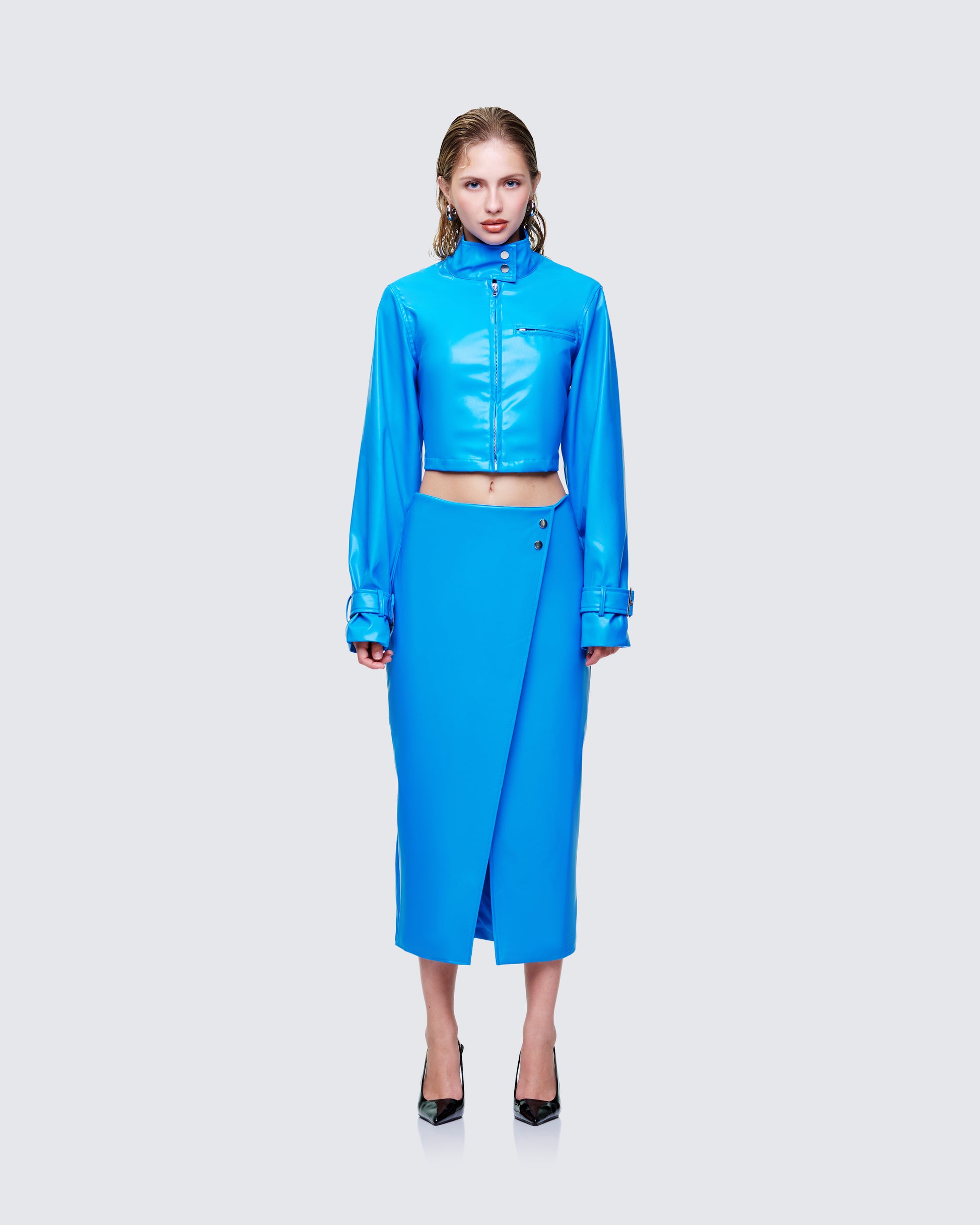 Women's blue matching set styled on model – FINESSE