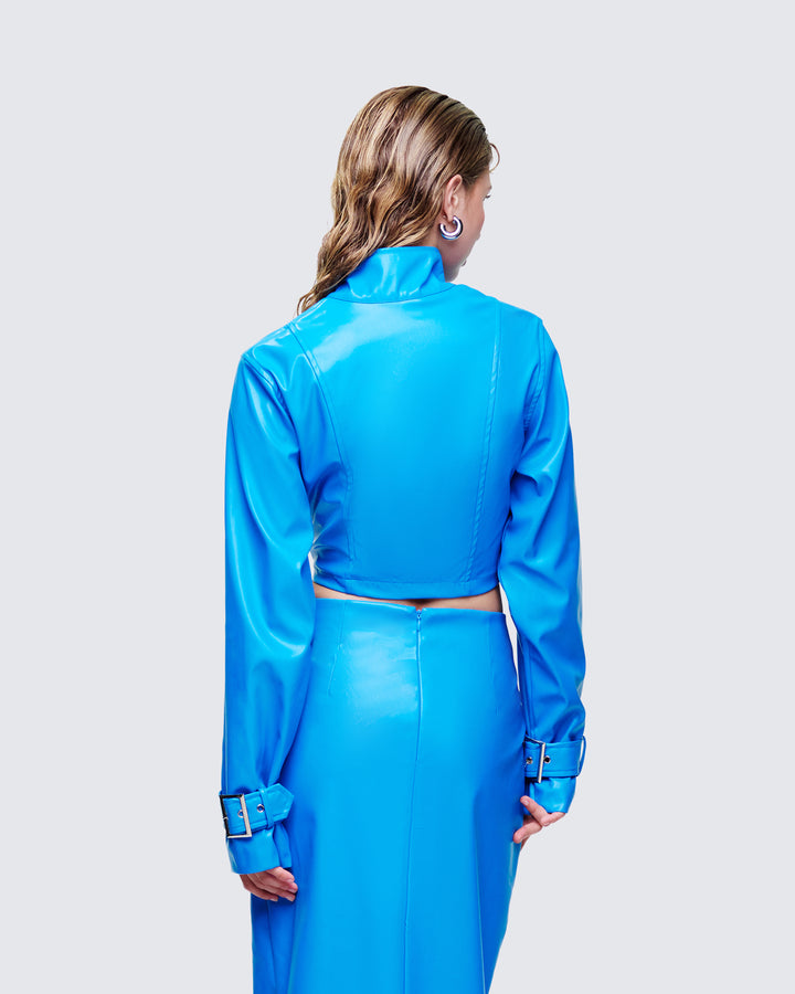 Women's blue jacket close-up detail – FINESSE