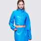 Women's blue jacket styled on model – FINESSE