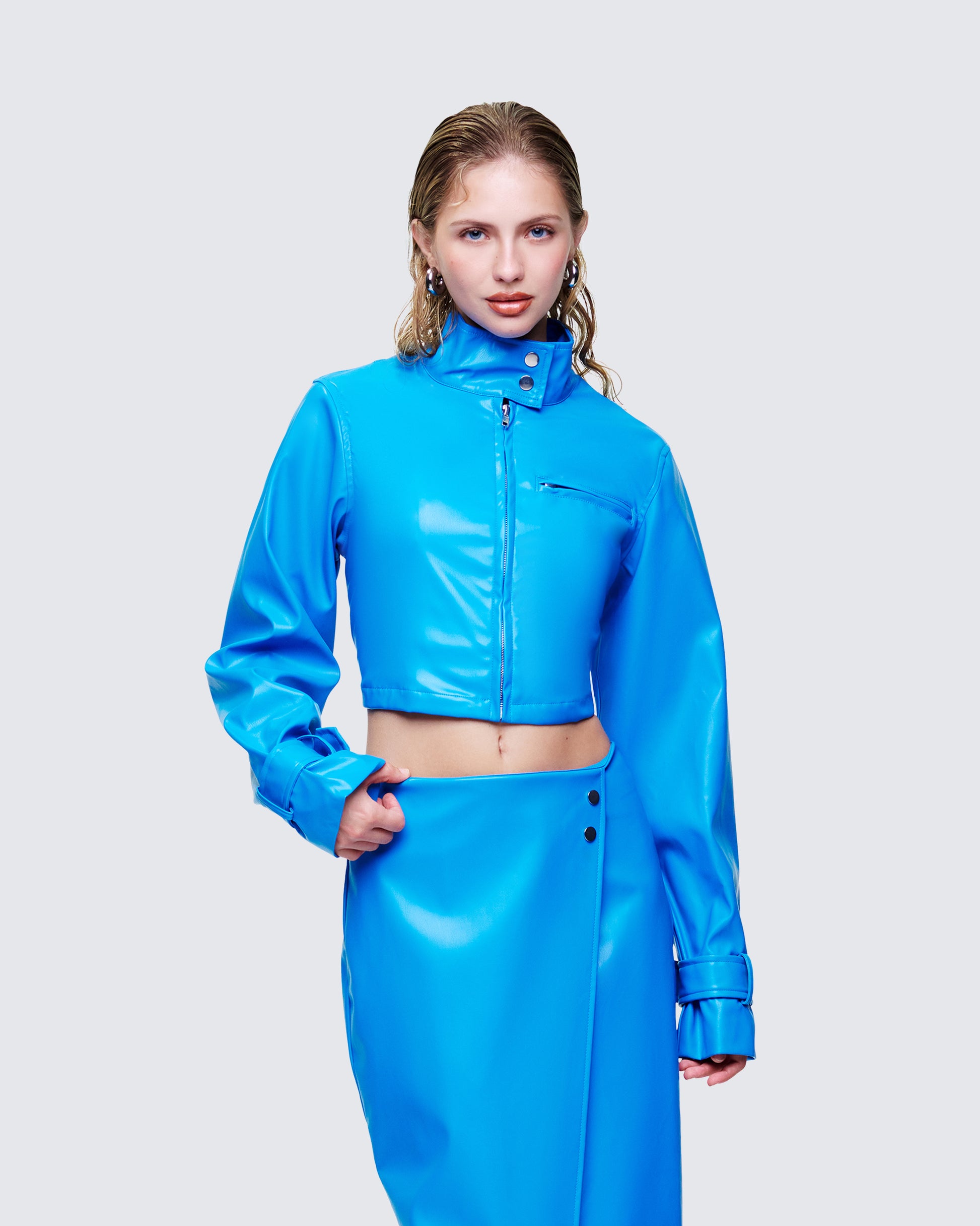 Women's blue jacket styled on model – FINESSE