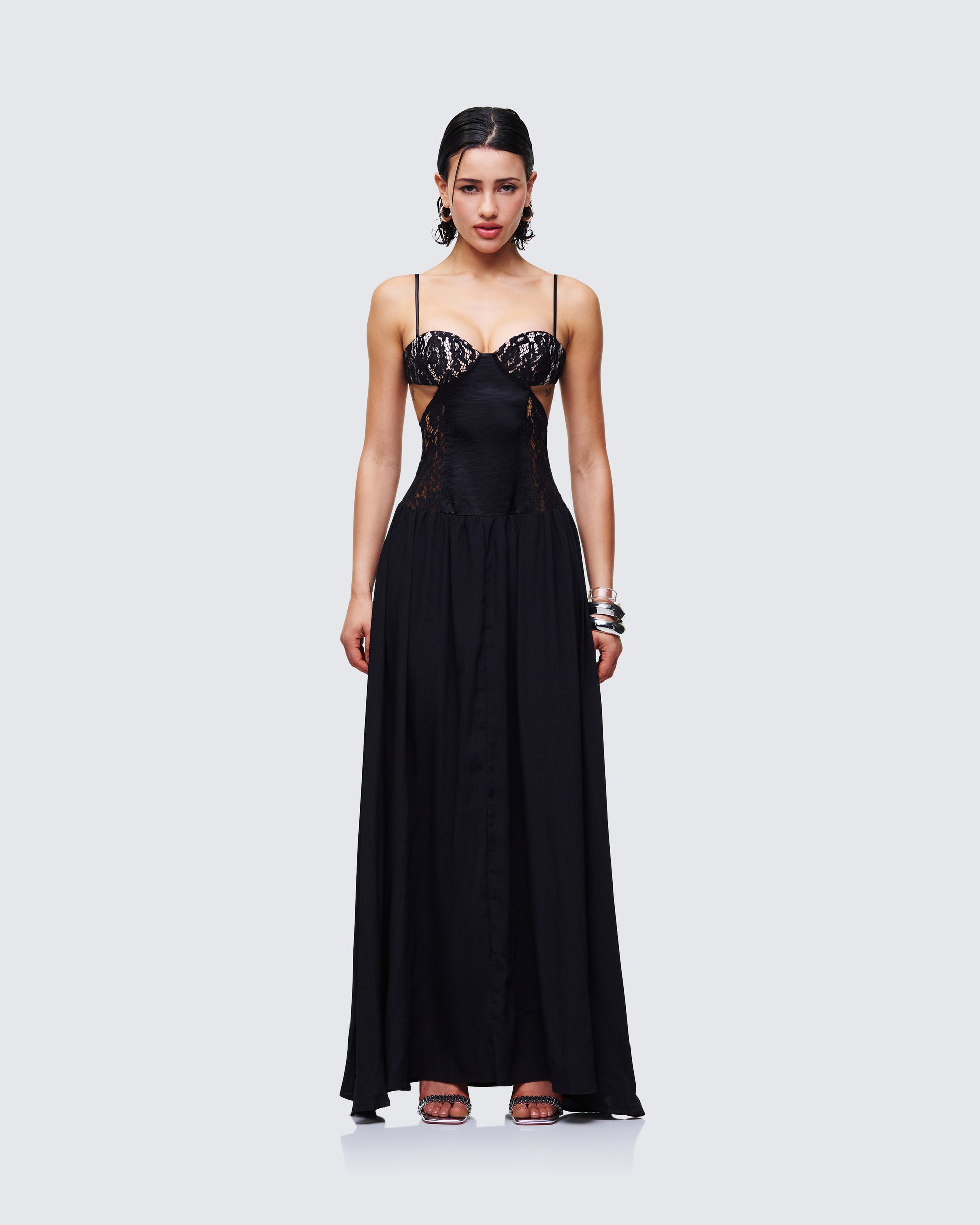 Orsina Black Sheer Hem Corset Dress model front
