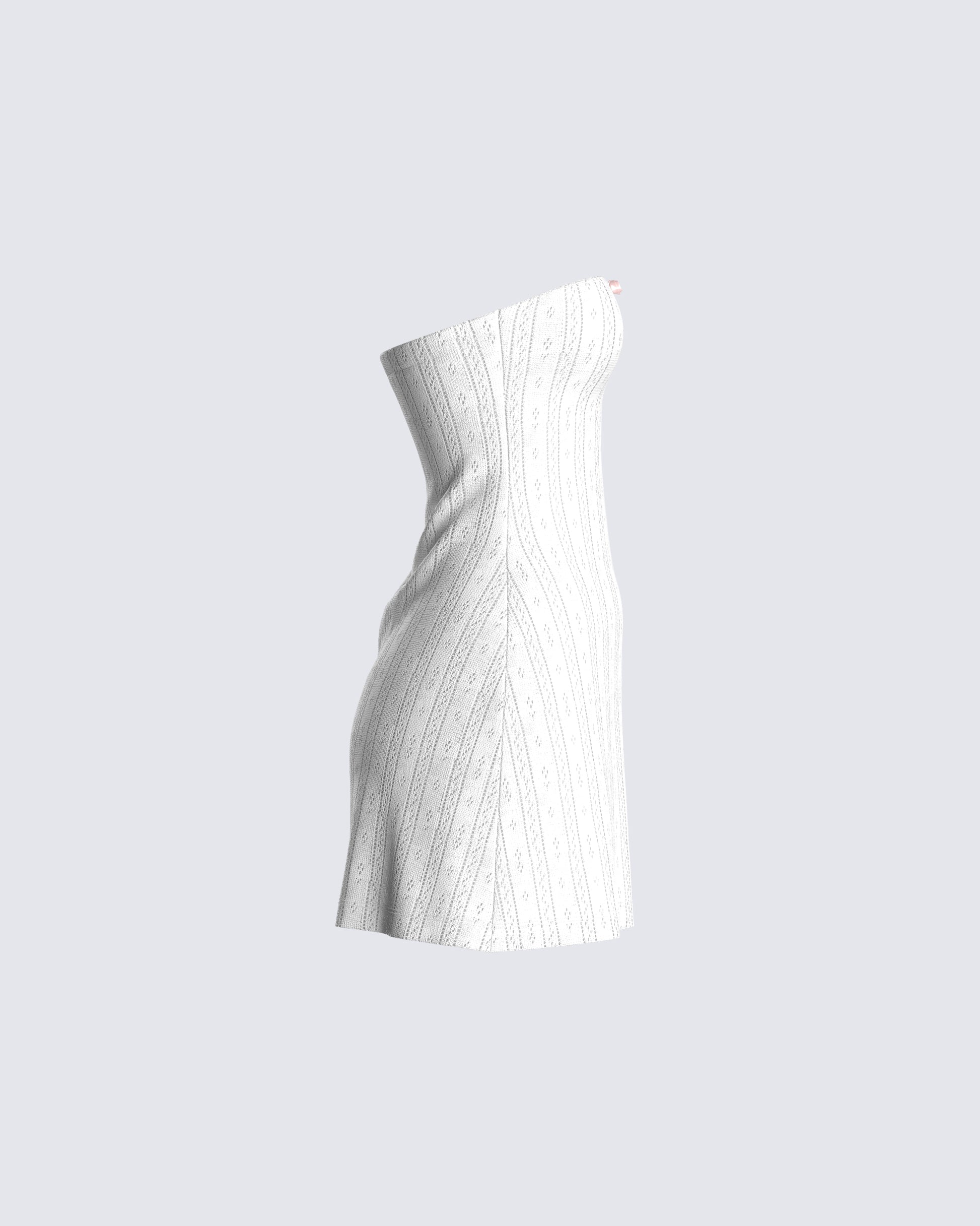 White Pointelle Knit Mini Dress - Strapless Bodycon FINESSE White Pointelle Knit Mini Dress - Strapless Bodycon FINESSE
