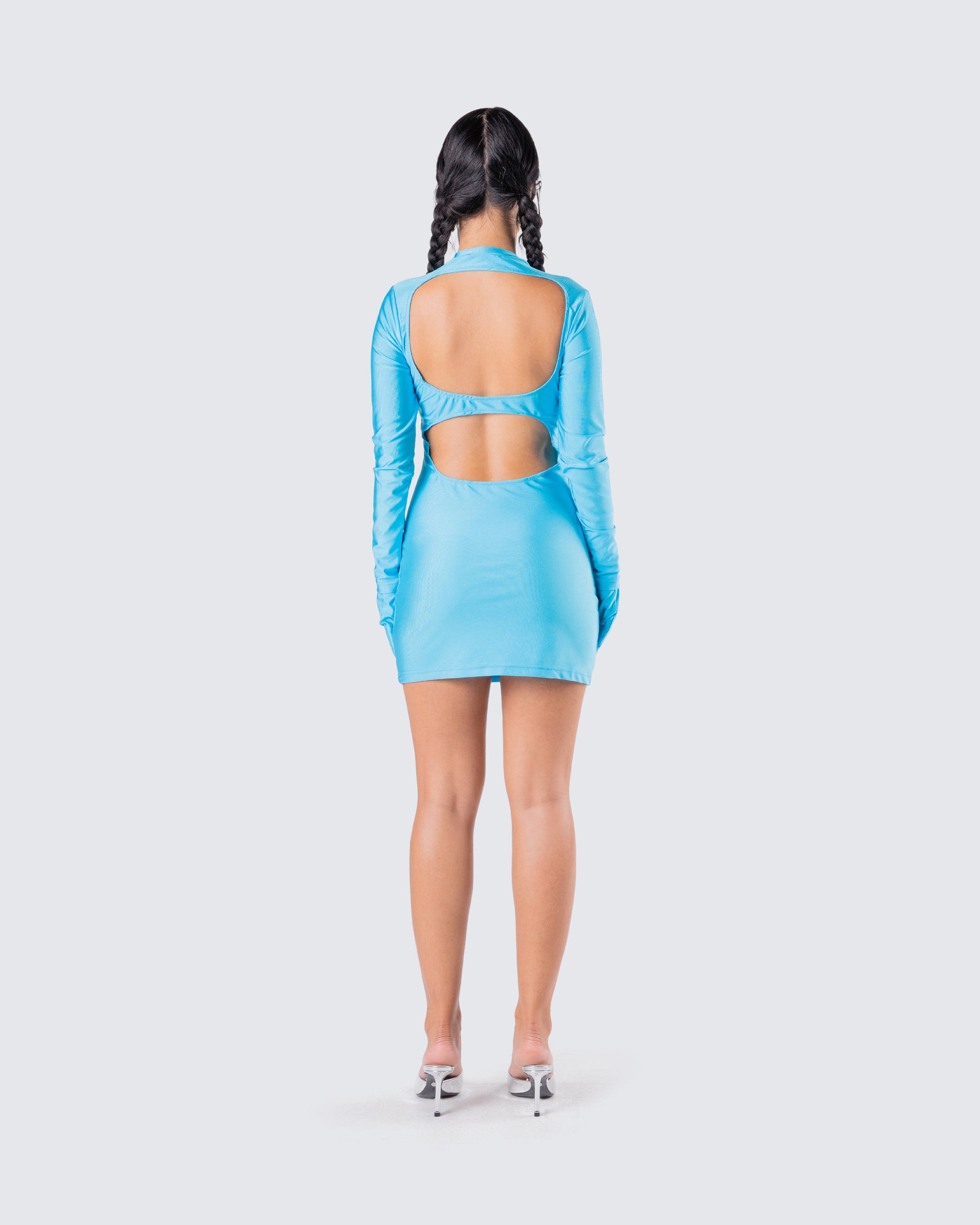 Blue Bodycon Mini Dress with Gloves - Long Sleeve Party FINESSE Blue Bodycon Mini Dress with Gloves - Long Sleeve Party FINESSE