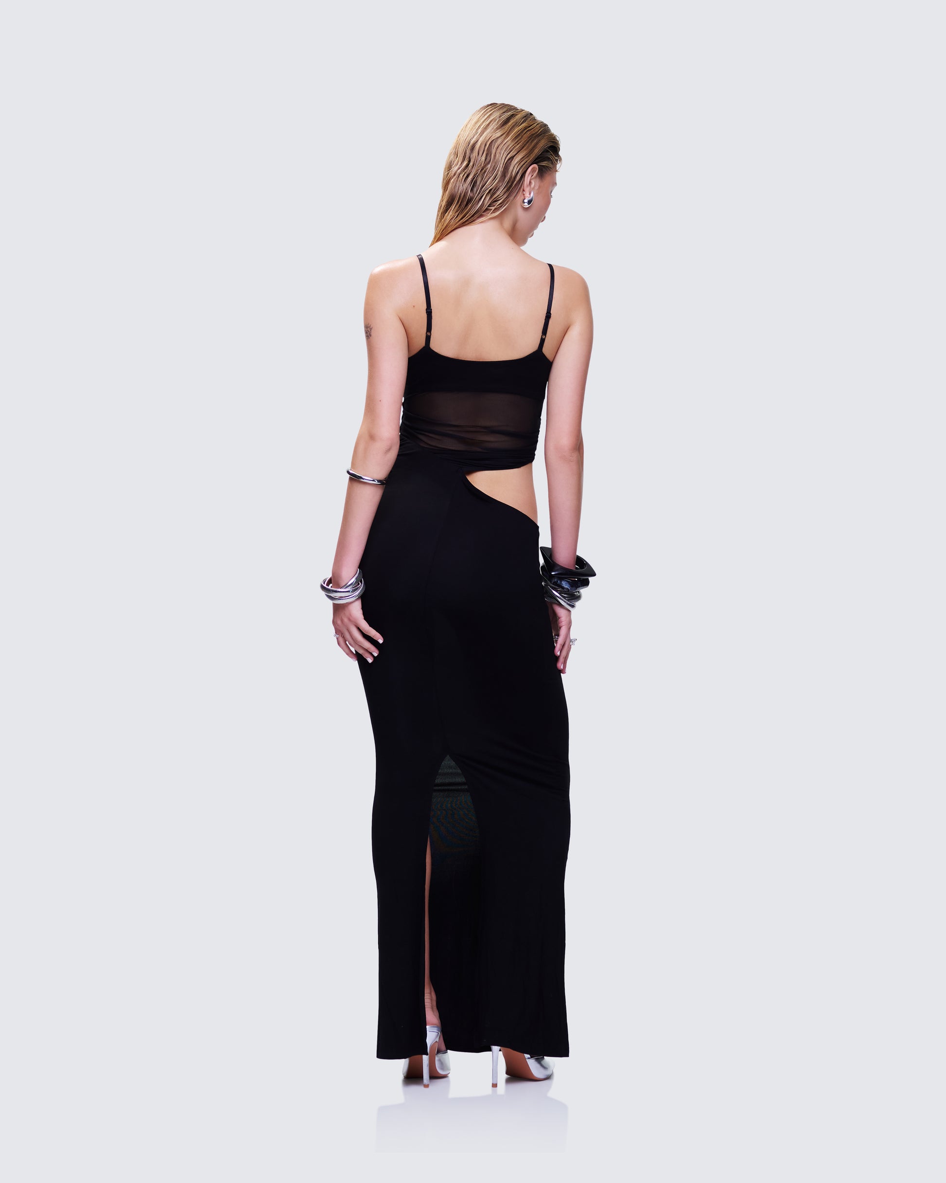black mesh cutout dress PrettyLittleThing Women's Embellished Mesh One Sleeve Extreme Cut Out Maxi Dress in Black