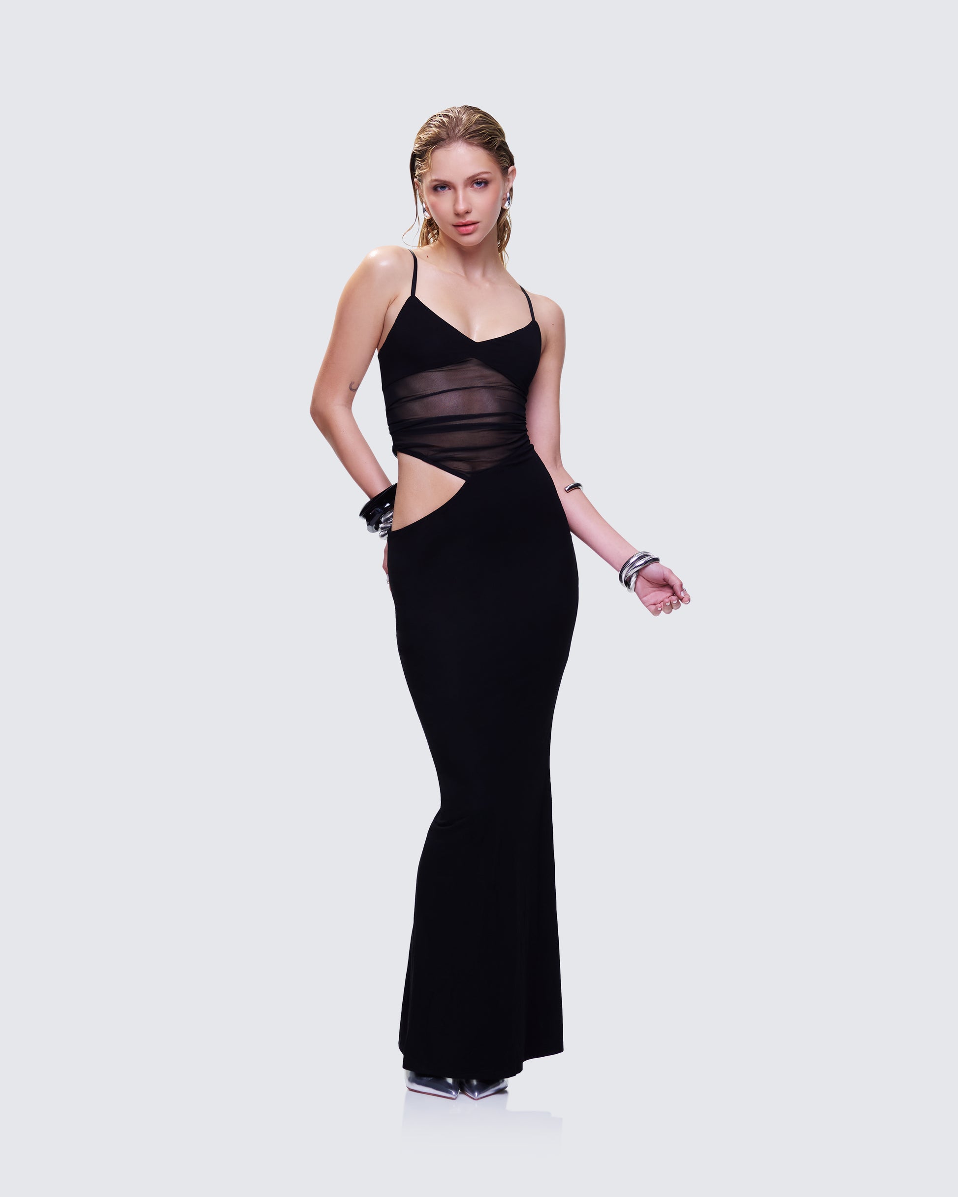 Philomena Black Mesh Window Maxi Dress Philomena Black Mesh Window Maxi Dress