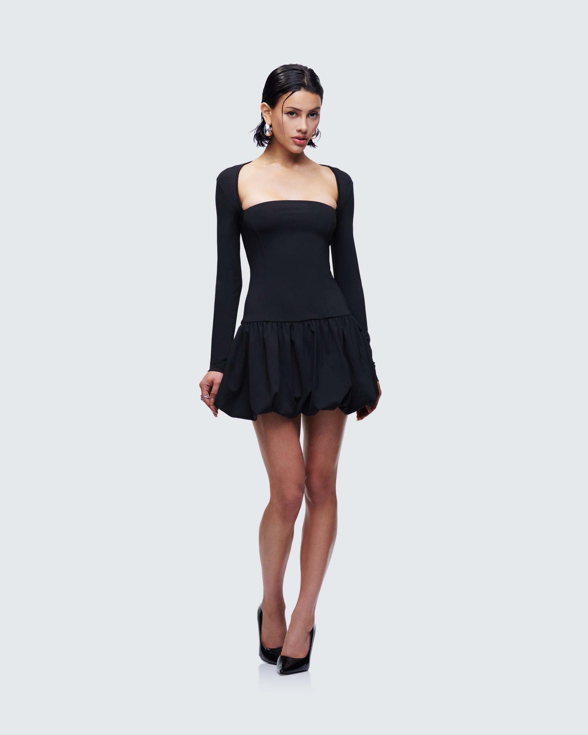 Black Mini Dress - Cutout Bubble Hem Long Sleeve XS Black Mini Dress - Cutout Bubble Hem Long Sleeve XS