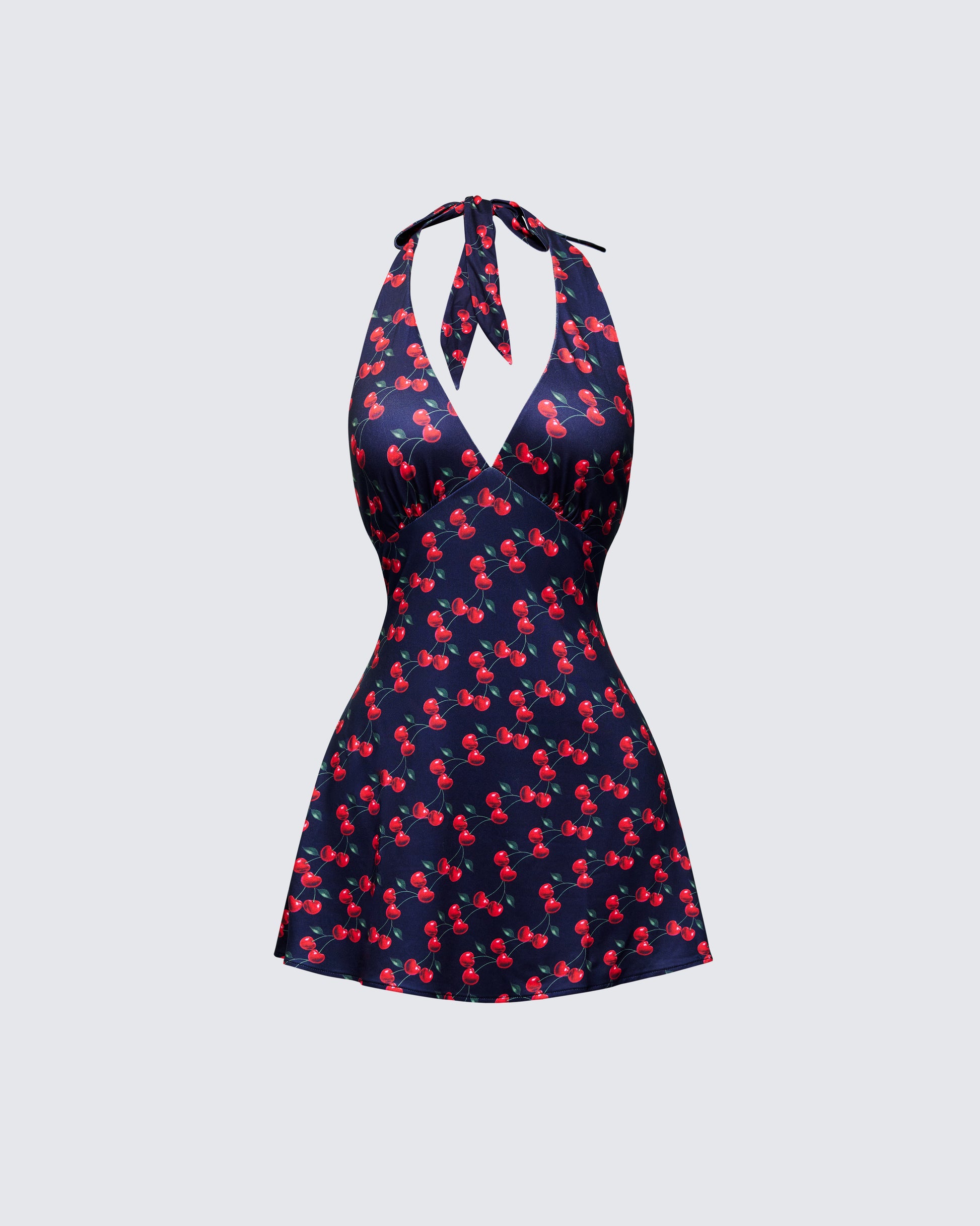 Black Cherry Print Halter Mini Dress - Summer Party FINESSE Black Cherry Print Halter Mini Dress - Summer Party FINESSE