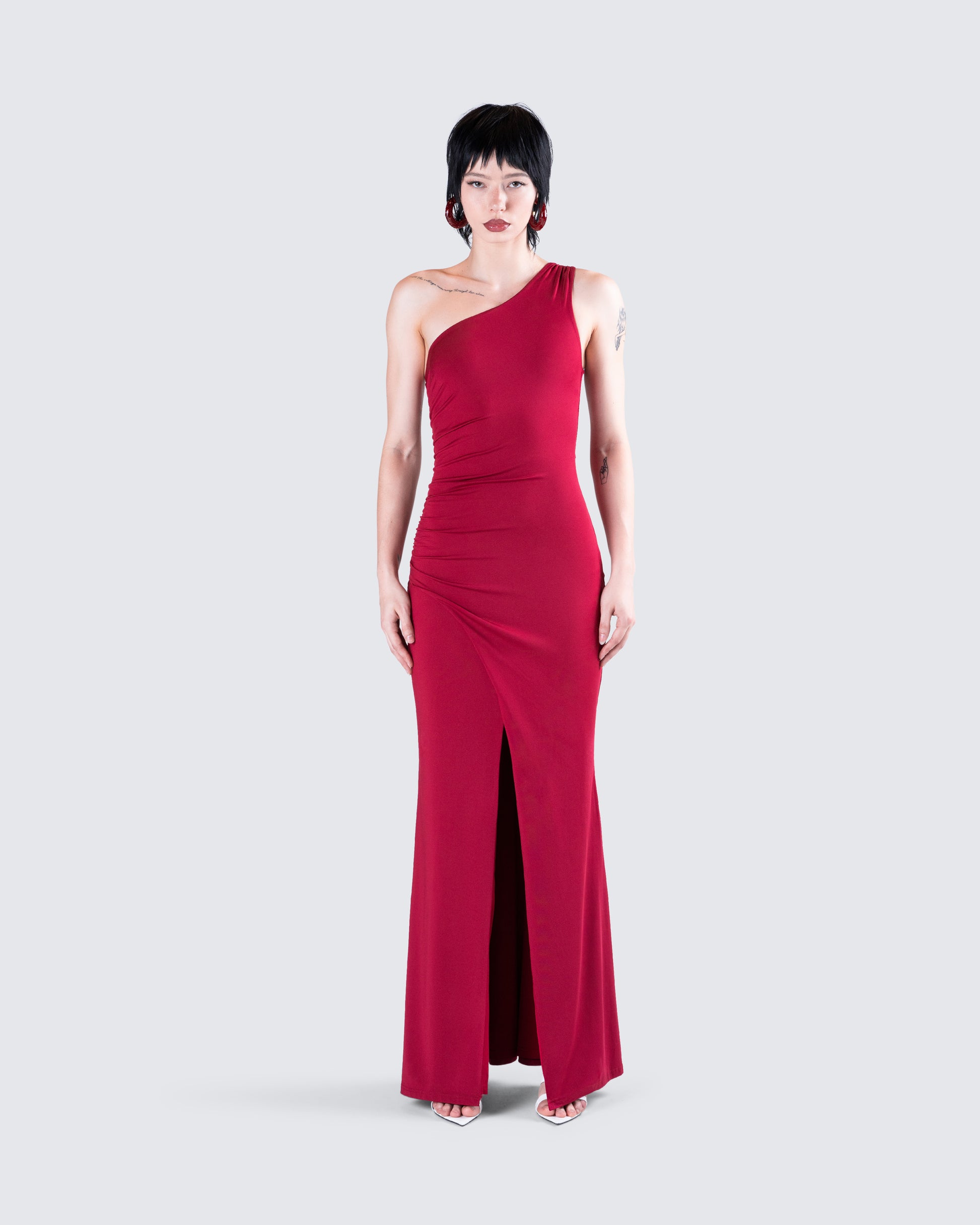Red One Shoulder Maxi Dress - Bodycon Party Dress FINESSE Red One Shoulder Maxi Dress - Bodycon Party Dress FINESSE