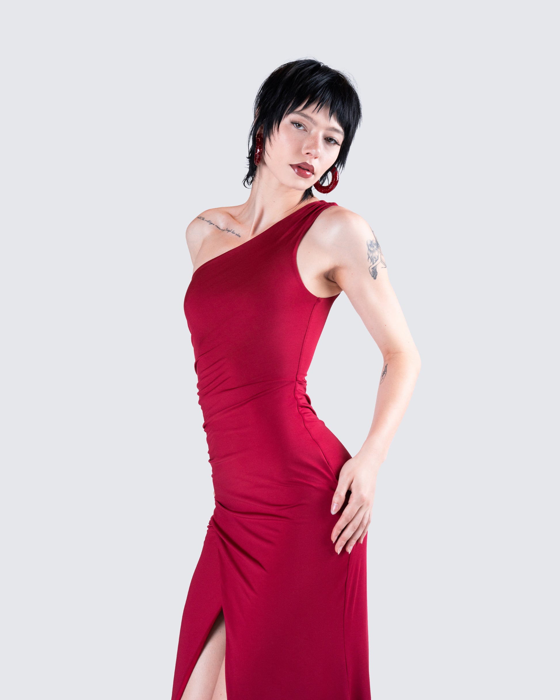Red One Shoulder Maxi Dress - Bodycon Party Dress FINESSE Red One Shoulder Maxi Dress - Bodycon Party Dress FINESSE