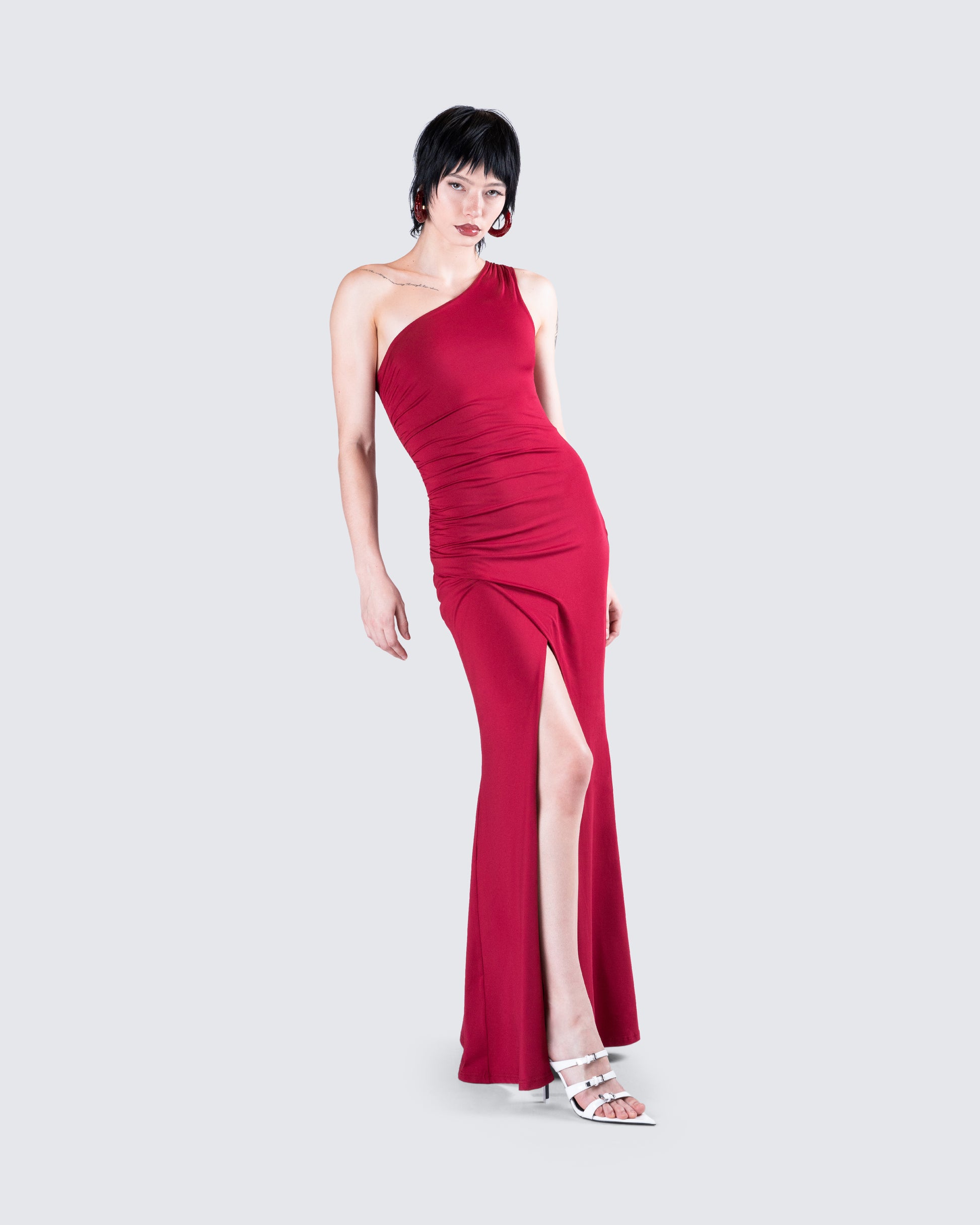 Red One Shoulder Maxi Dress - Bodycon Party Dress FINESSE Red One Shoulder Maxi Dress - Bodycon Party Dress FINESSE