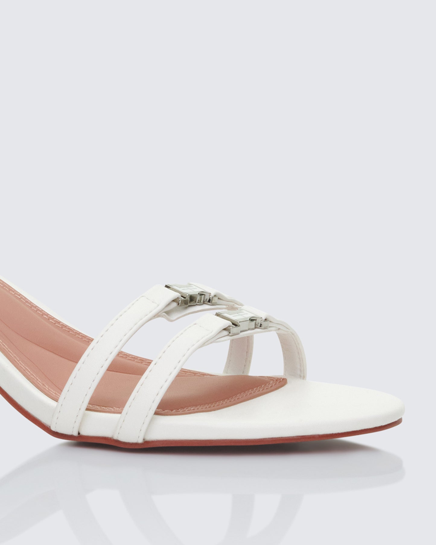 Queenie White Safety Buckle Kitten Heel