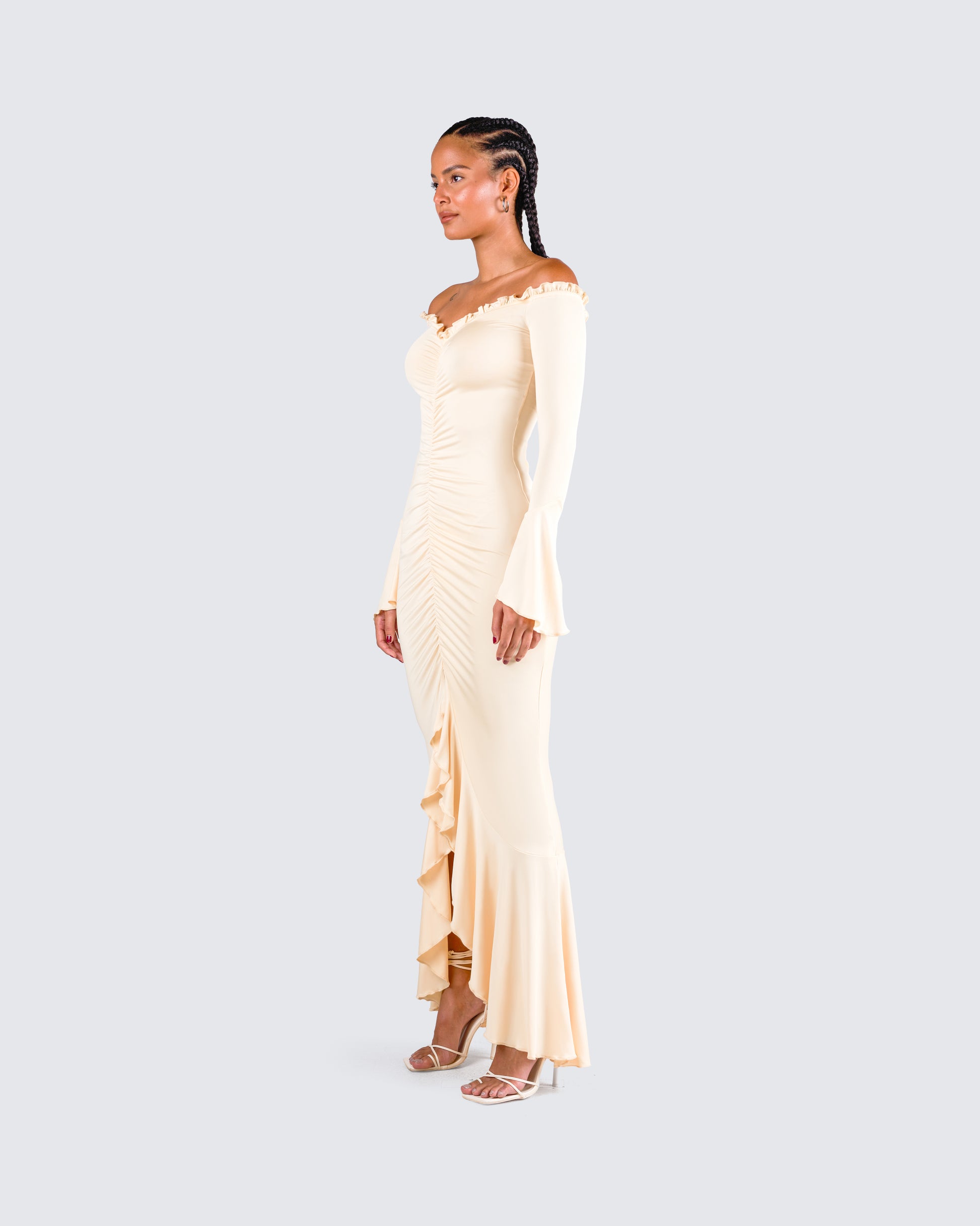 Yellow Off Shoulder Maxi Dress - Ruched Mermaid Gown FINESSE Yellow Off Shoulder Maxi Dress - Ruched Mermaid Gown FINESSE
