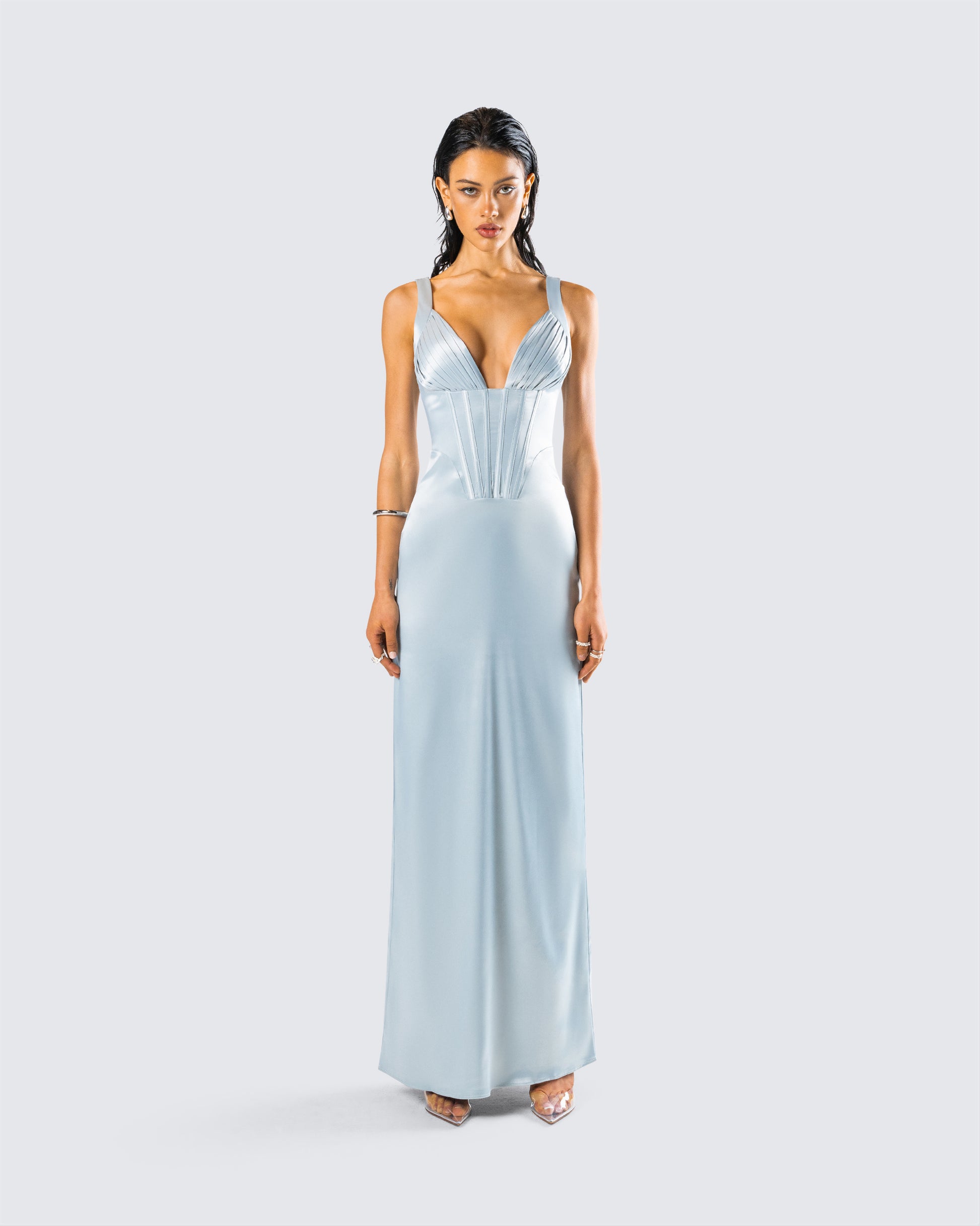 Teal Satin Corset Maxi Dress - Formal Gown FINESSE Teal Satin Corset Maxi Dress - Formal Gown FINESSE