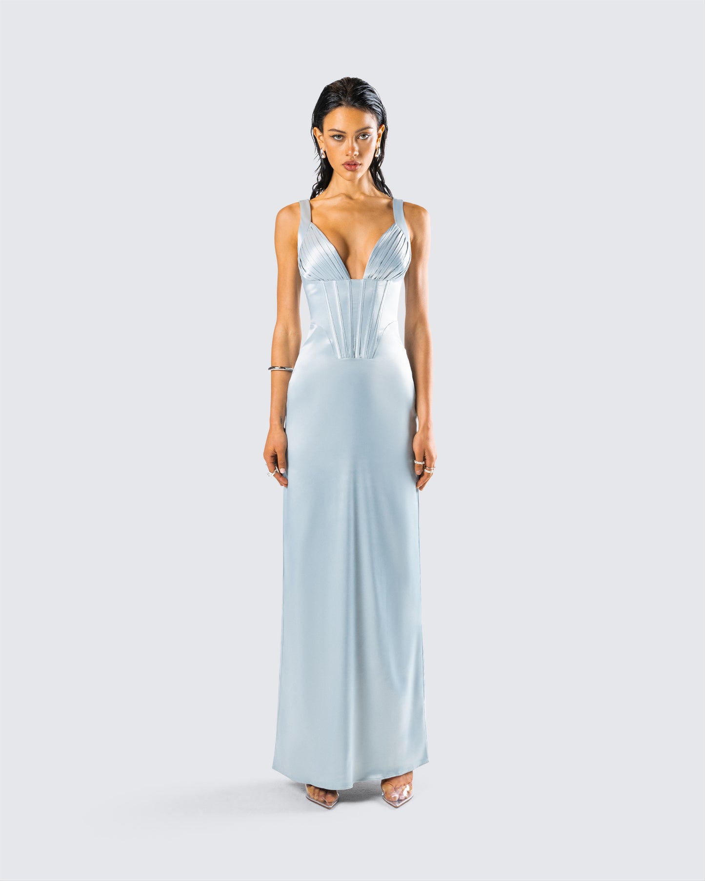 Rasha Teal Satin Corset Maxi Dress