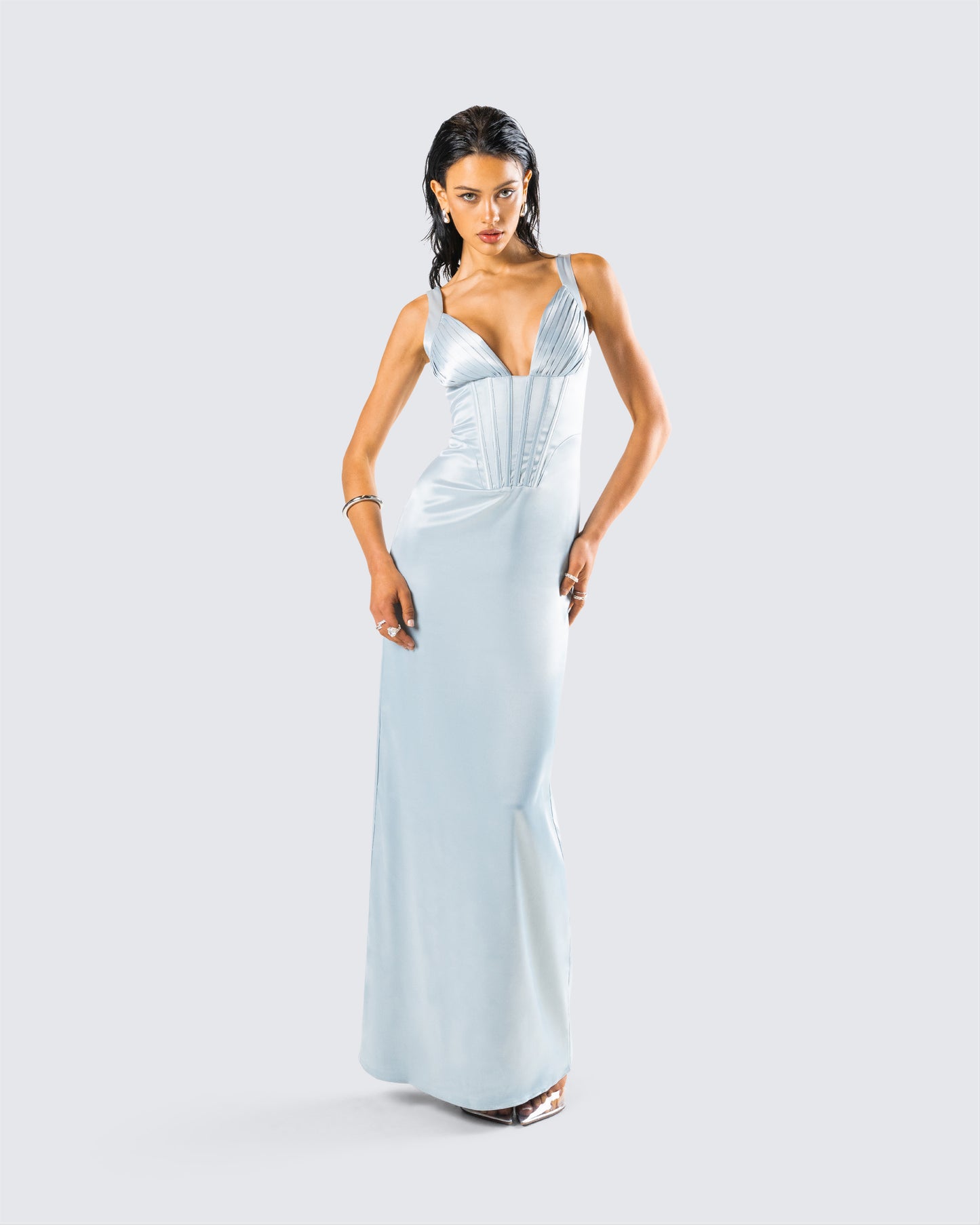 Rasha Teal Satin Corset Maxi Dress