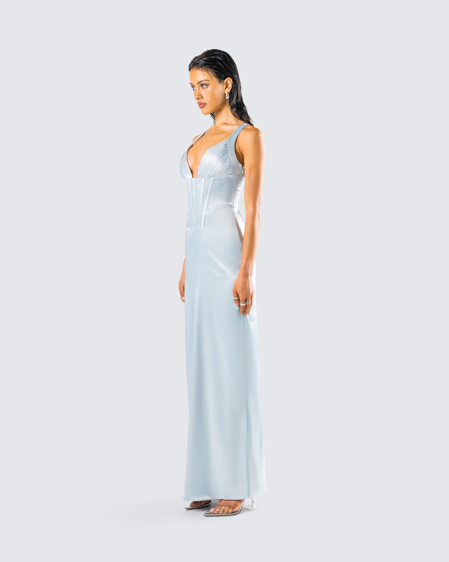 Rasha Teal Satin Corset Maxi Dress