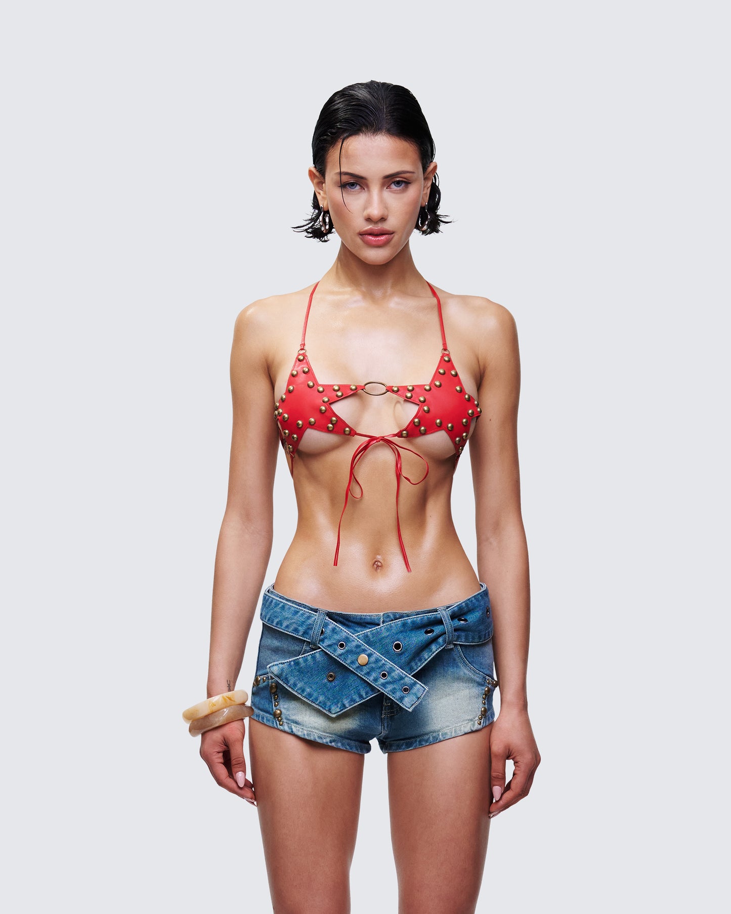 Reign Red Vegan Leather Star Bra model front