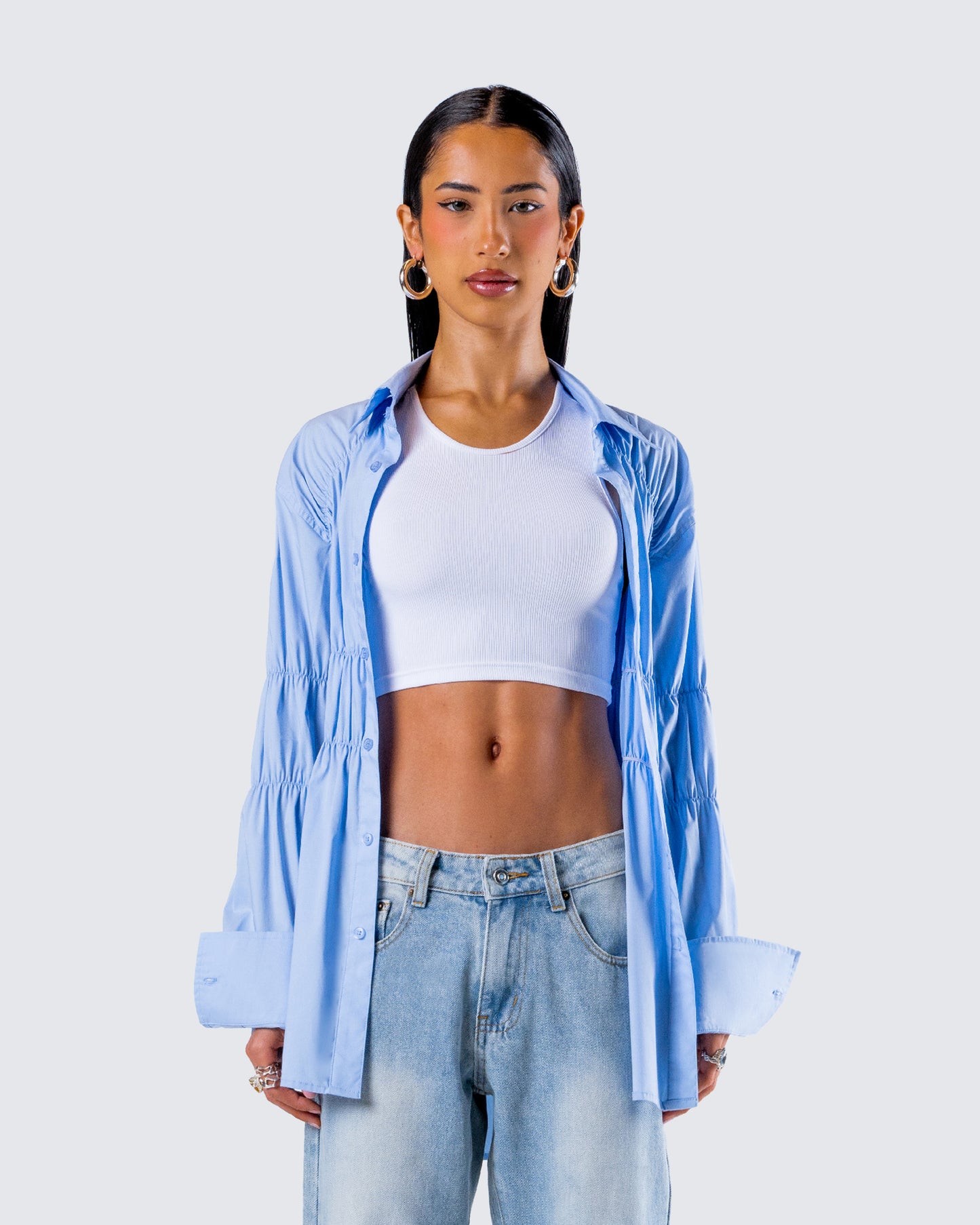 Reina Blue Poplin Ruched Shirt