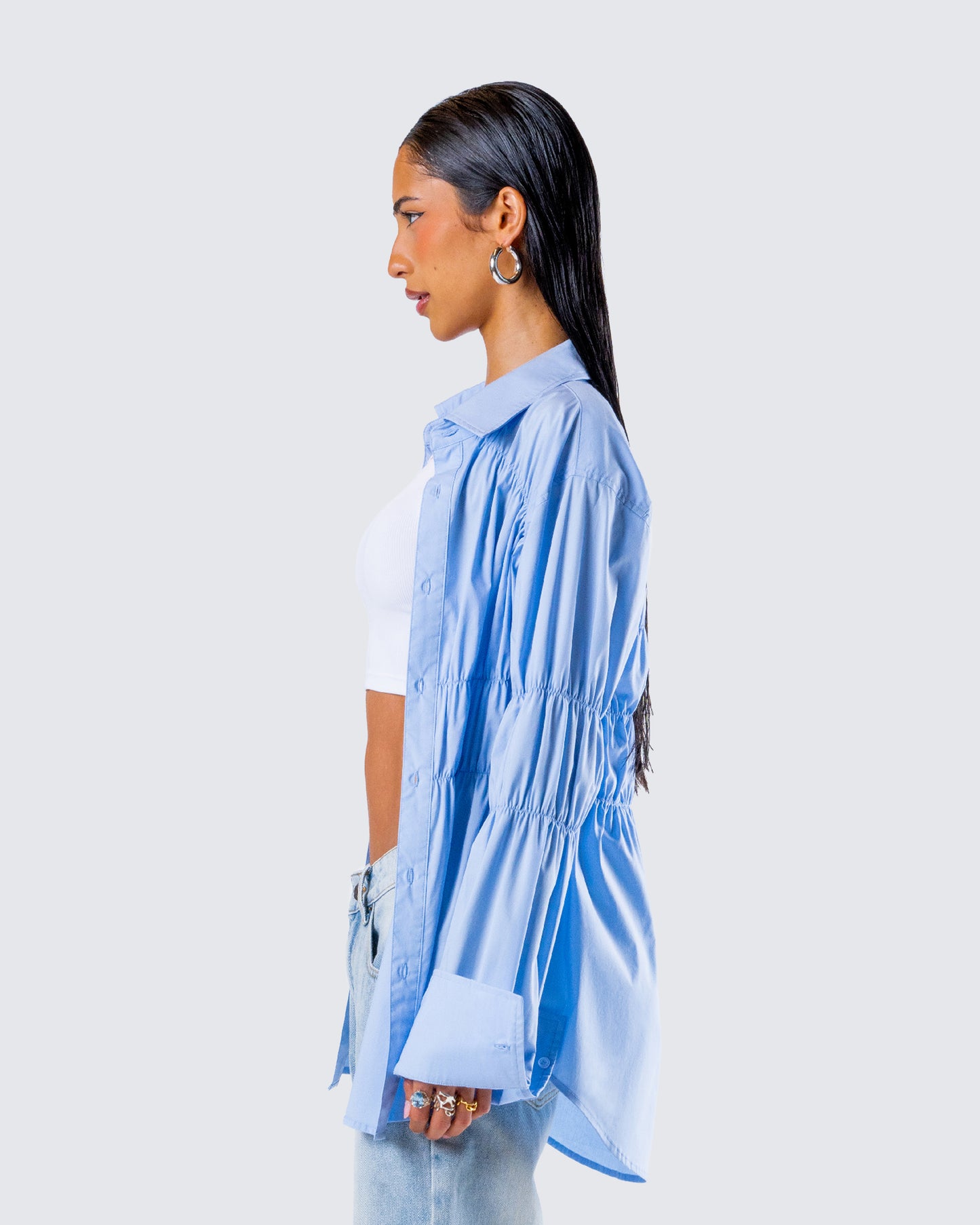 Reina Blue Poplin Ruched Shirt