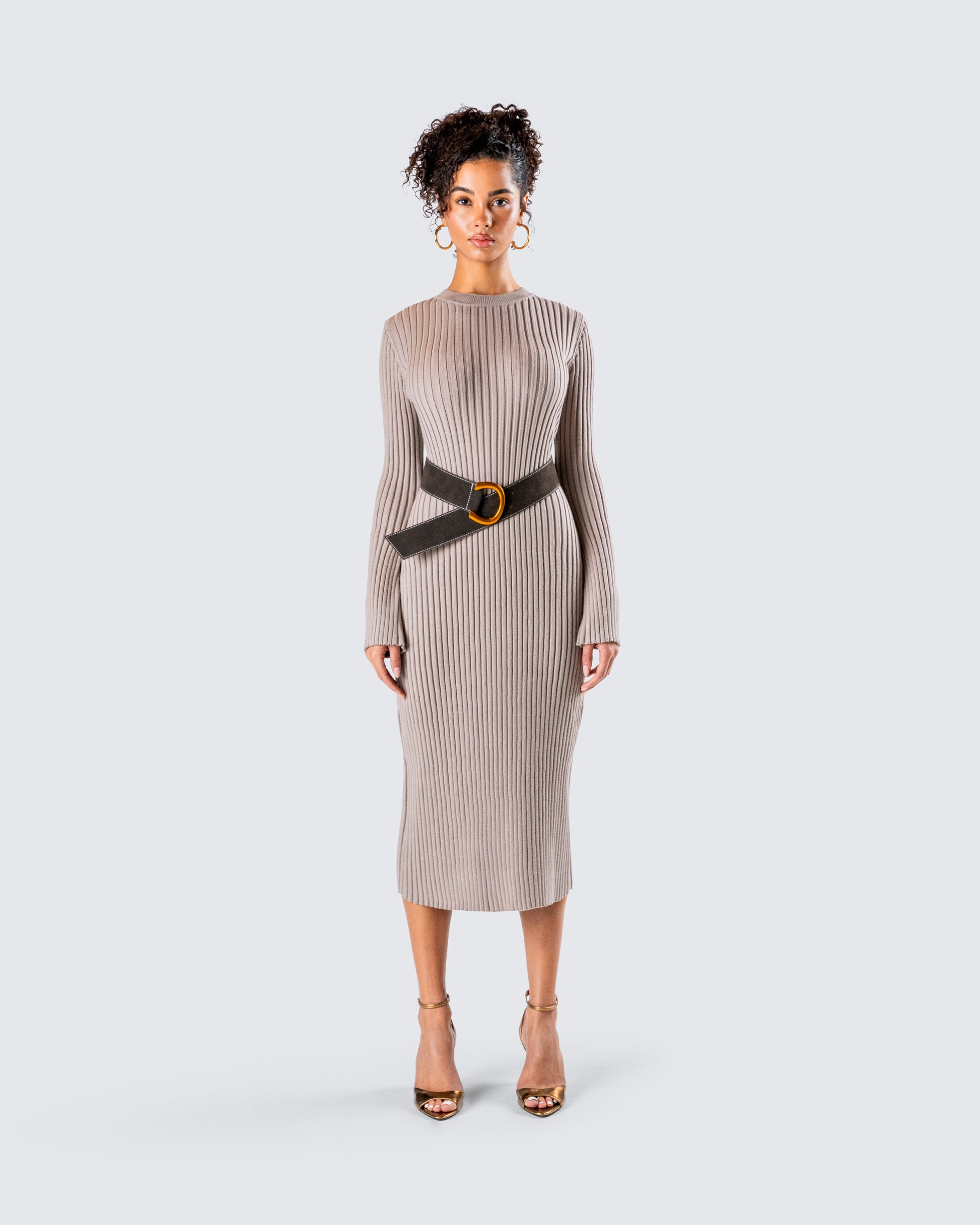 Taupe Ribbed Knit Dress Set - Long Sleeve Bodycon FINESSE Taupe Ribbed Knit Dress Set - Long Sleeve Bodycon FINESSE