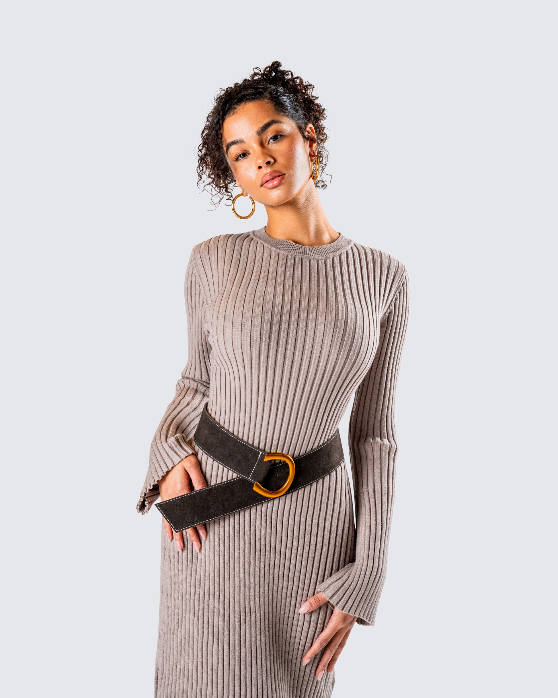 Taupe Ribbed Knit Dress Set - Long Sleeve Bodycon FINESSE Taupe Ribbed Knit Dress Set - Long Sleeve Bodycon FINESSE