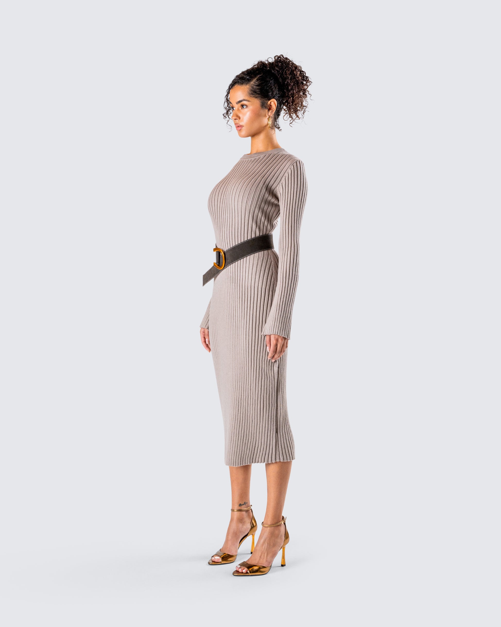 Taupe Ribbed Midi Dress - Long Sleeve Bodycon Knit FINESSE Taupe Ribbed Midi Dress - Long Sleeve Bodycon Knit FINESSE