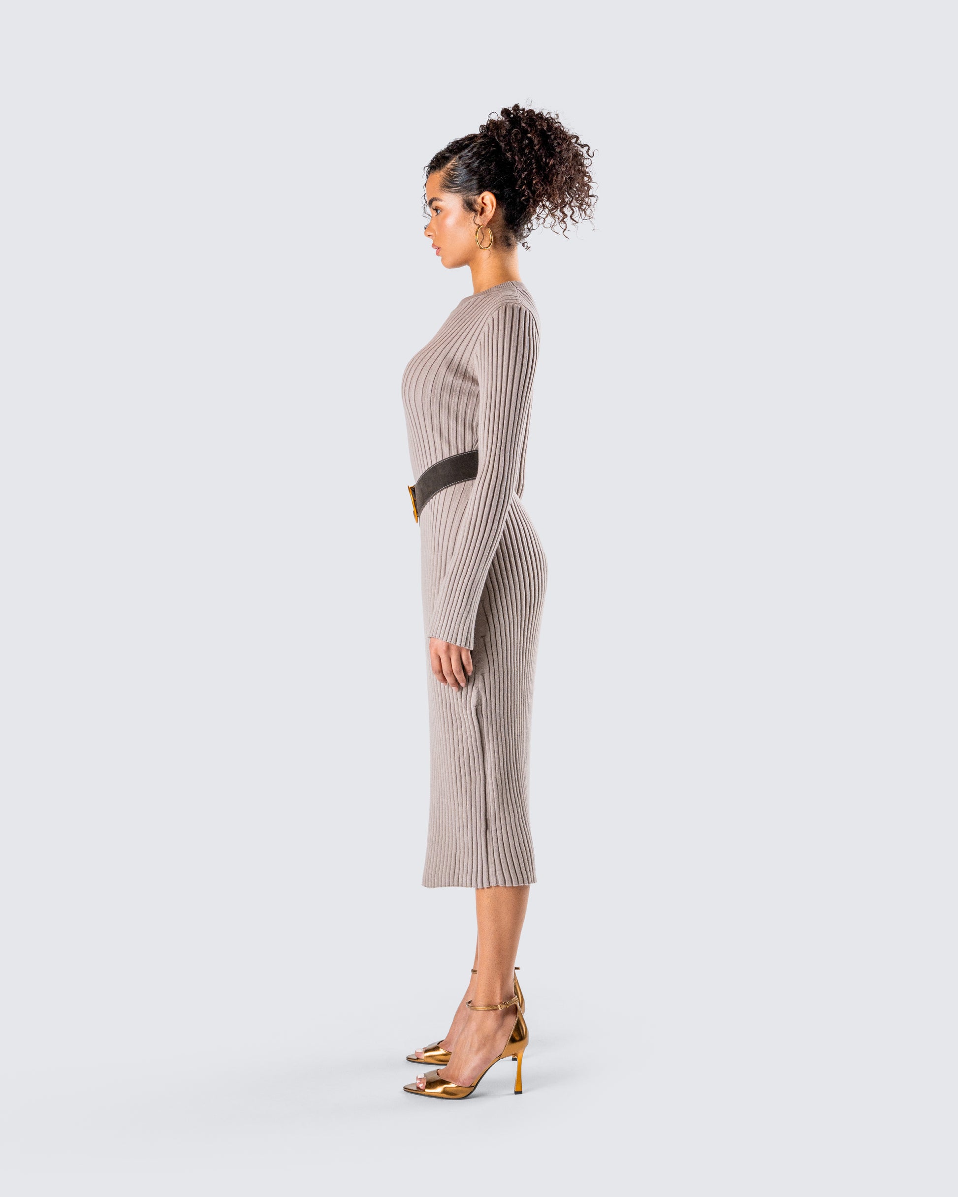 Taupe Ribbed Midi Dress - Long Sleeve Bodycon Knit FINESSE Taupe Ribbed Midi Dress - Long Sleeve Bodycon Knit FINESSE