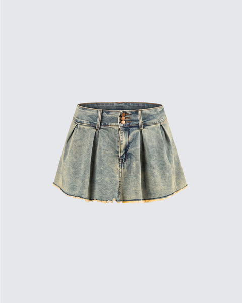 Blue Denim Pleated Mini Skirt - High Waist Cotton – FINESSE