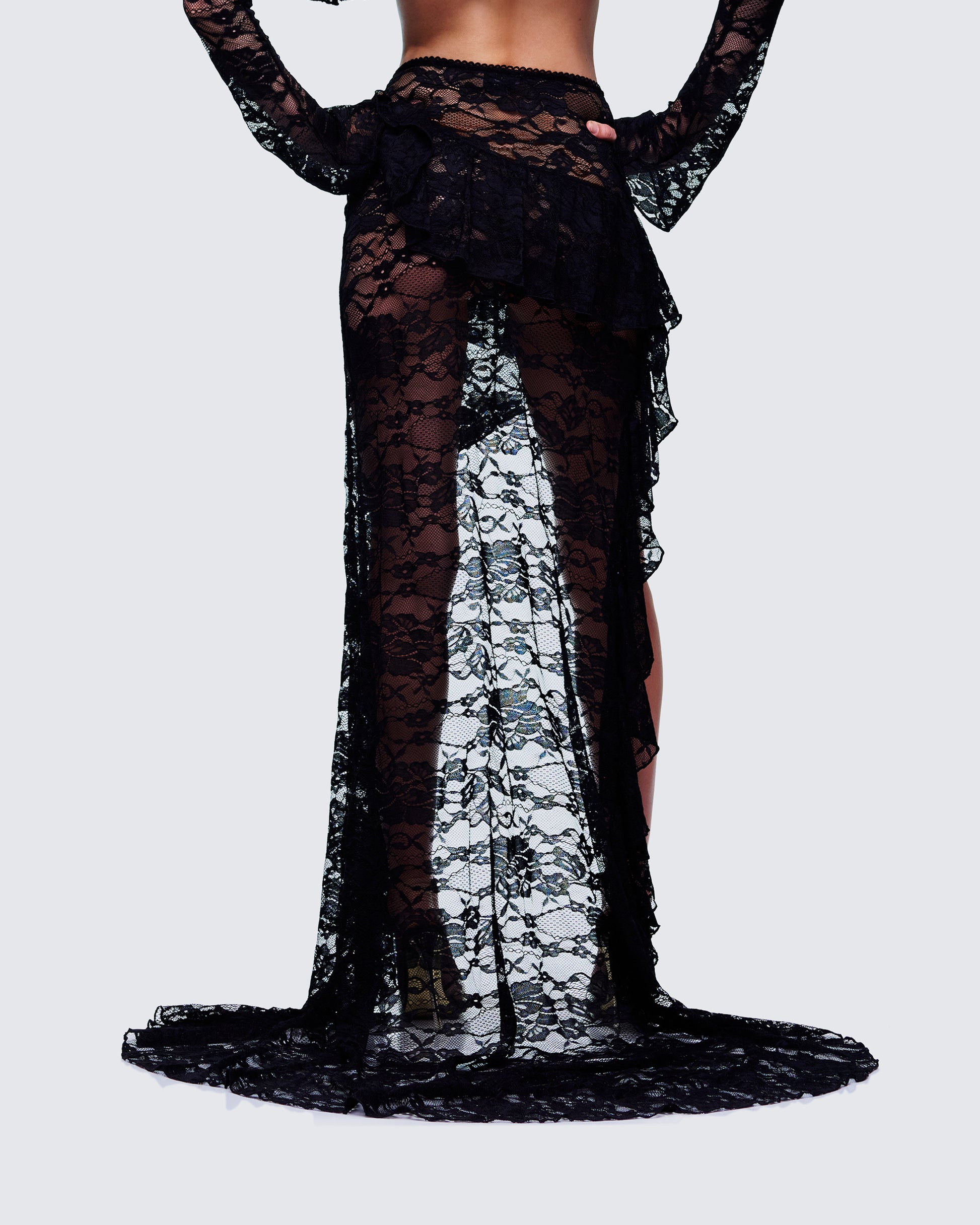 Rina Black Lace Asymmetrical Hem Ruffle Skirt