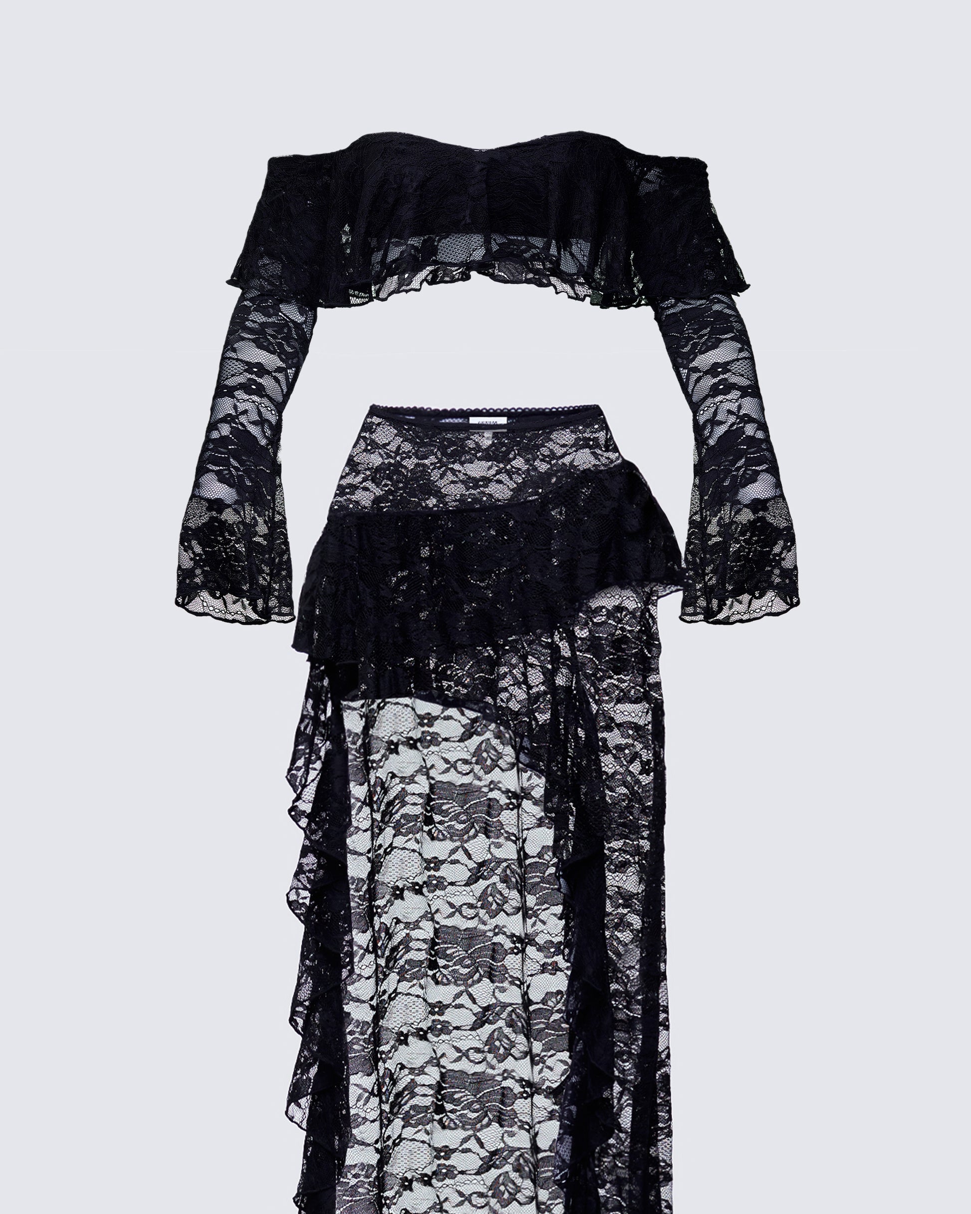 Black Lace Two-Piece Set - Off Shoulder Crop Top Maxi Skirt FINESSE Black Lace Two-Piece Set - Off Shoulder Crop Top Maxi Skirt FINESSE