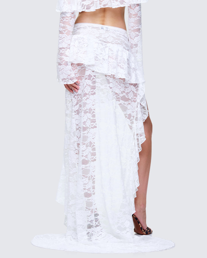 Rina White Lace Asymmetrical Hem Ruffle Skirt