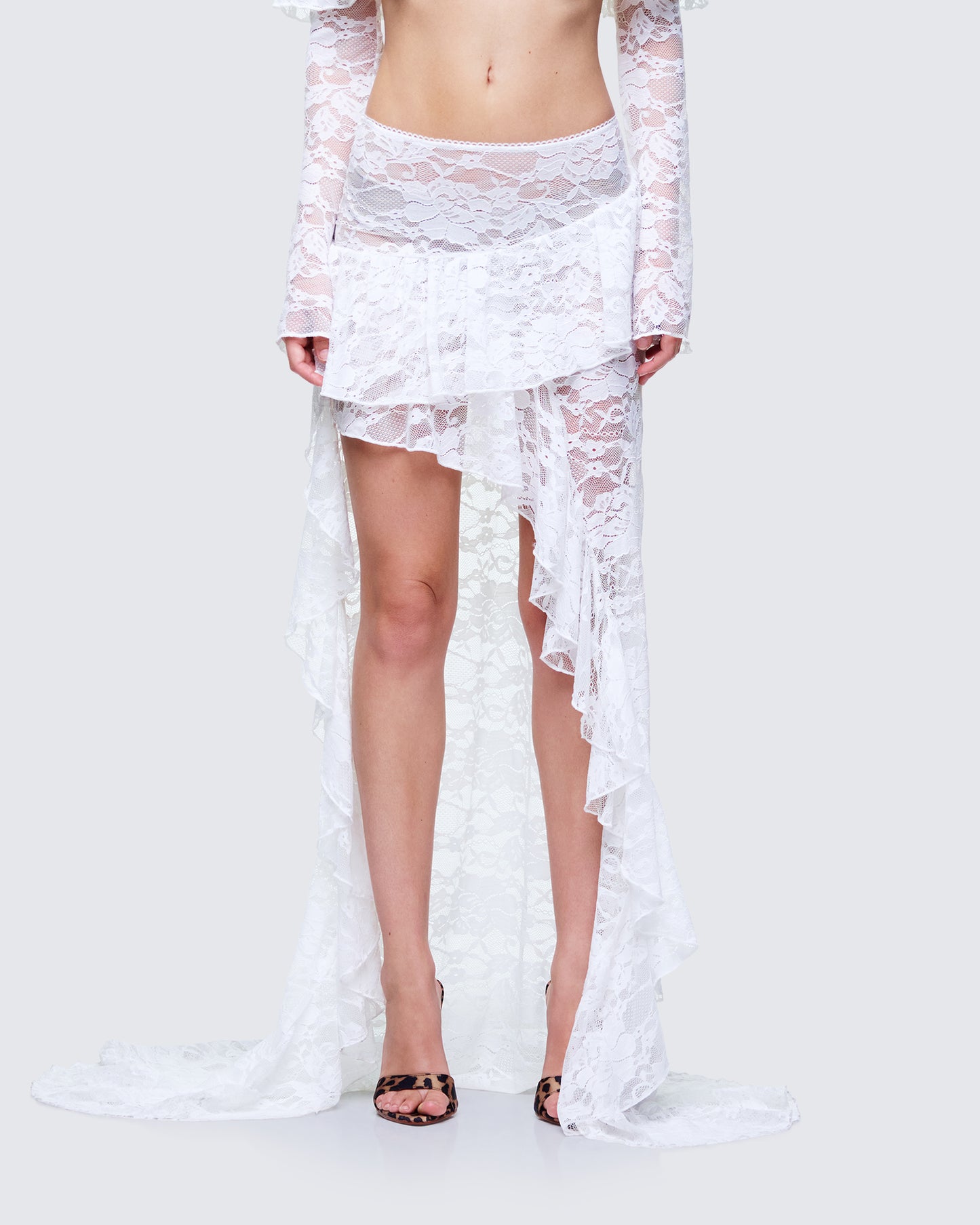 Rina White Lace Asymmetrical Hem Ruffle skirt model front