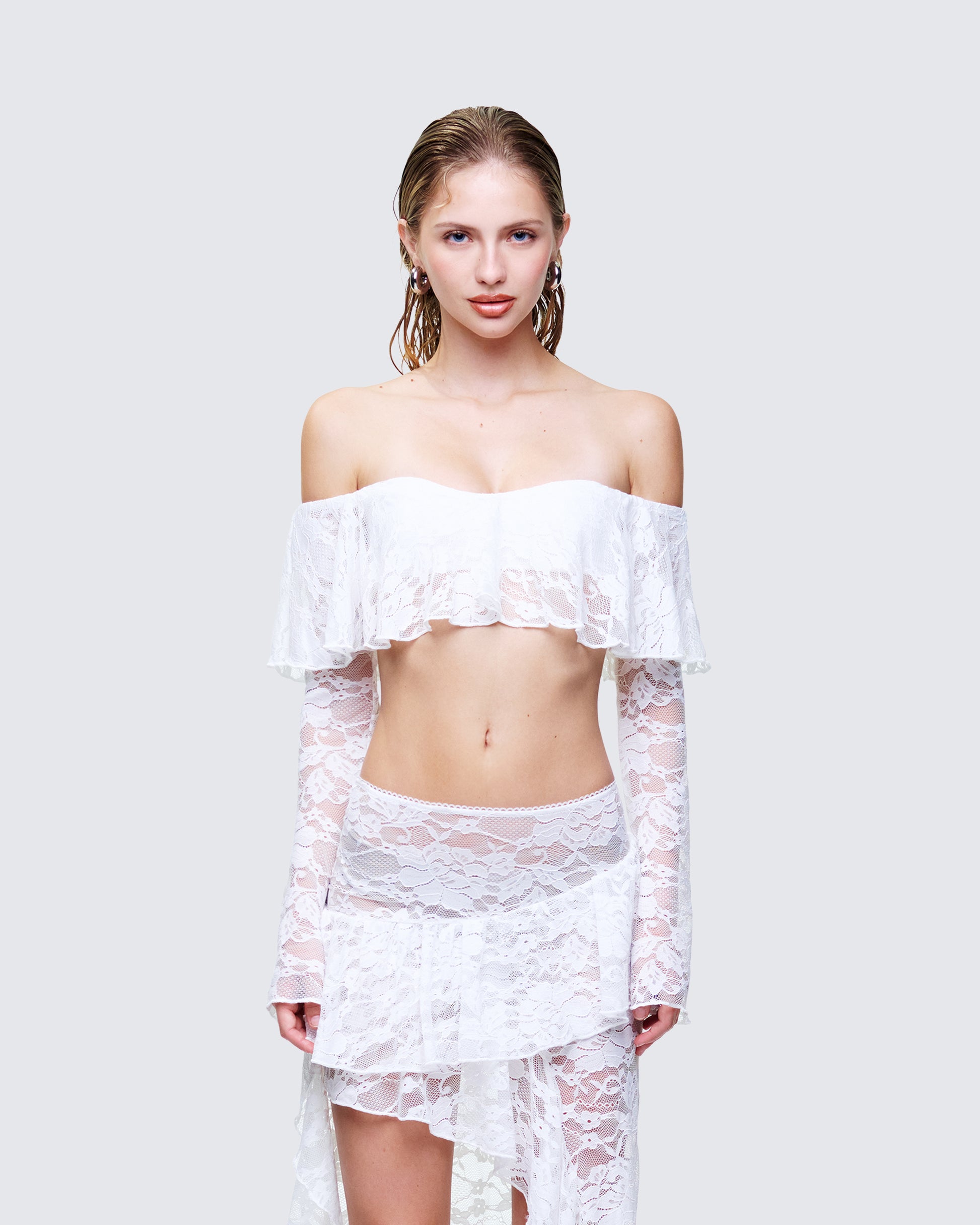 Rina White Lace Ruffle Bandeau Top model front
